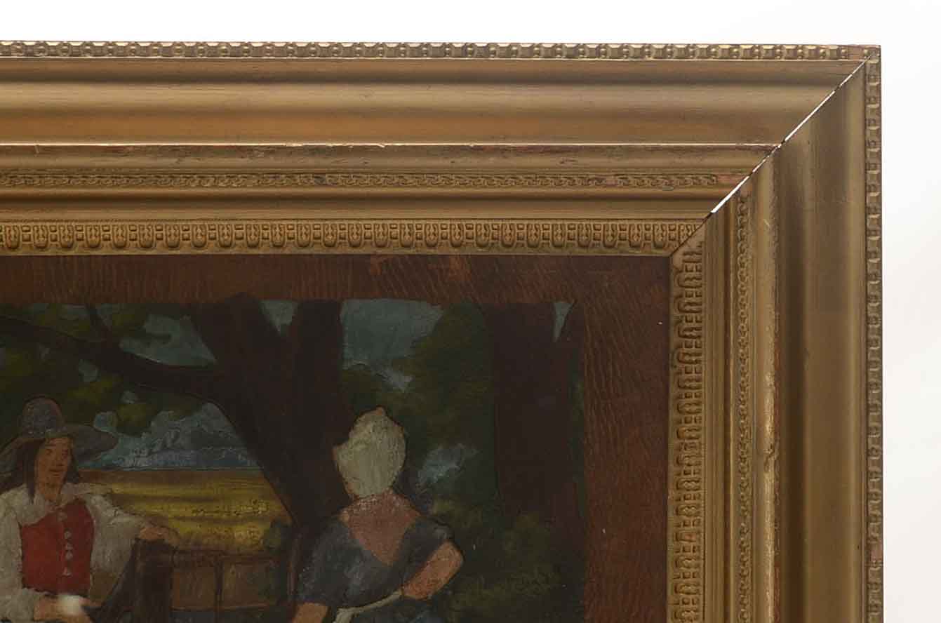 Painting on Embossed Leather of 18th Century Domestic Scene