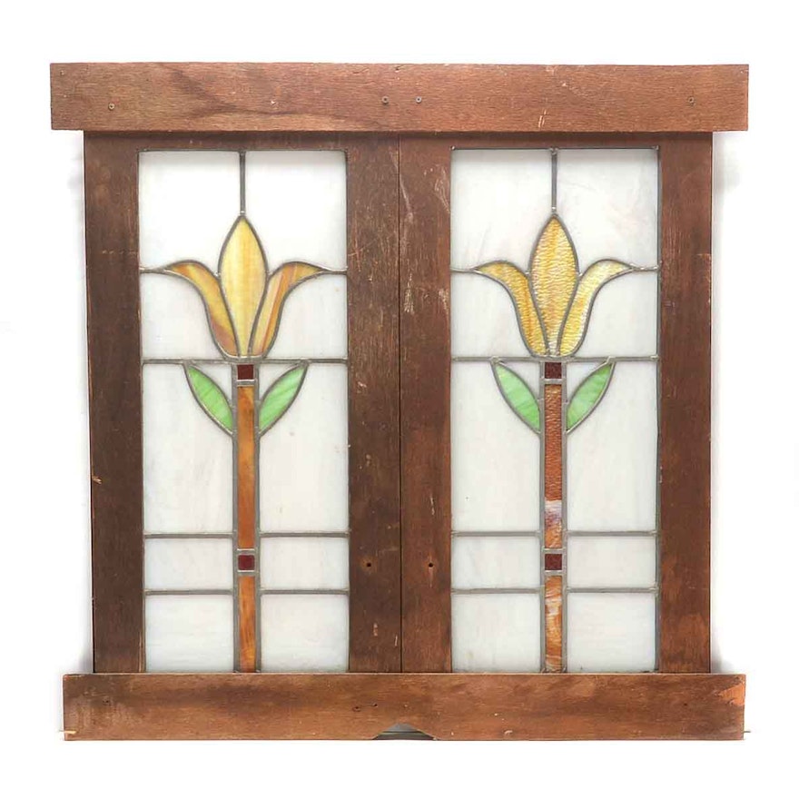 Vintage Leaded Stained Glass Panels in Wood Frame