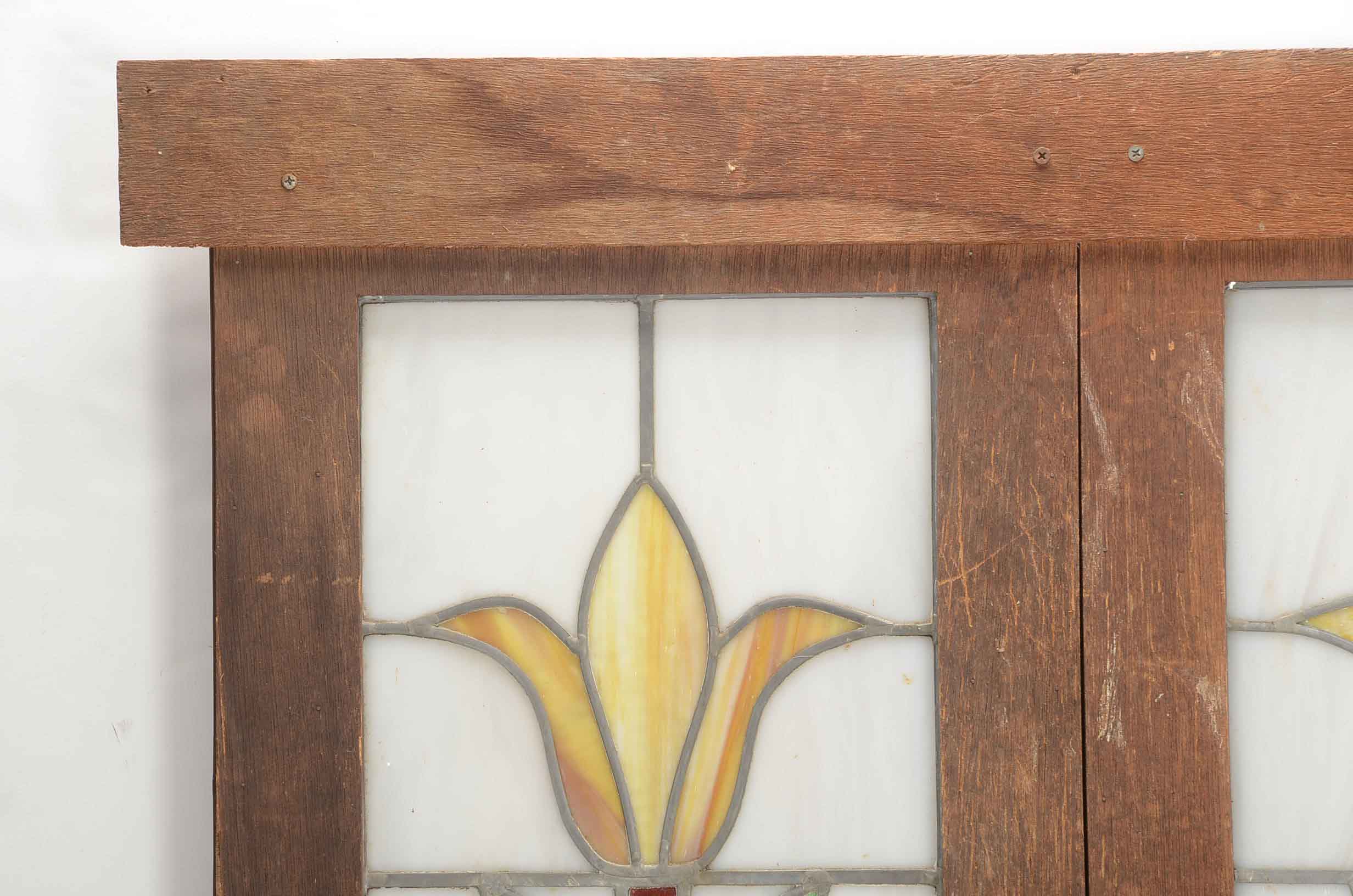 Vintage Leaded Stained Glass Panels in Wood Frame