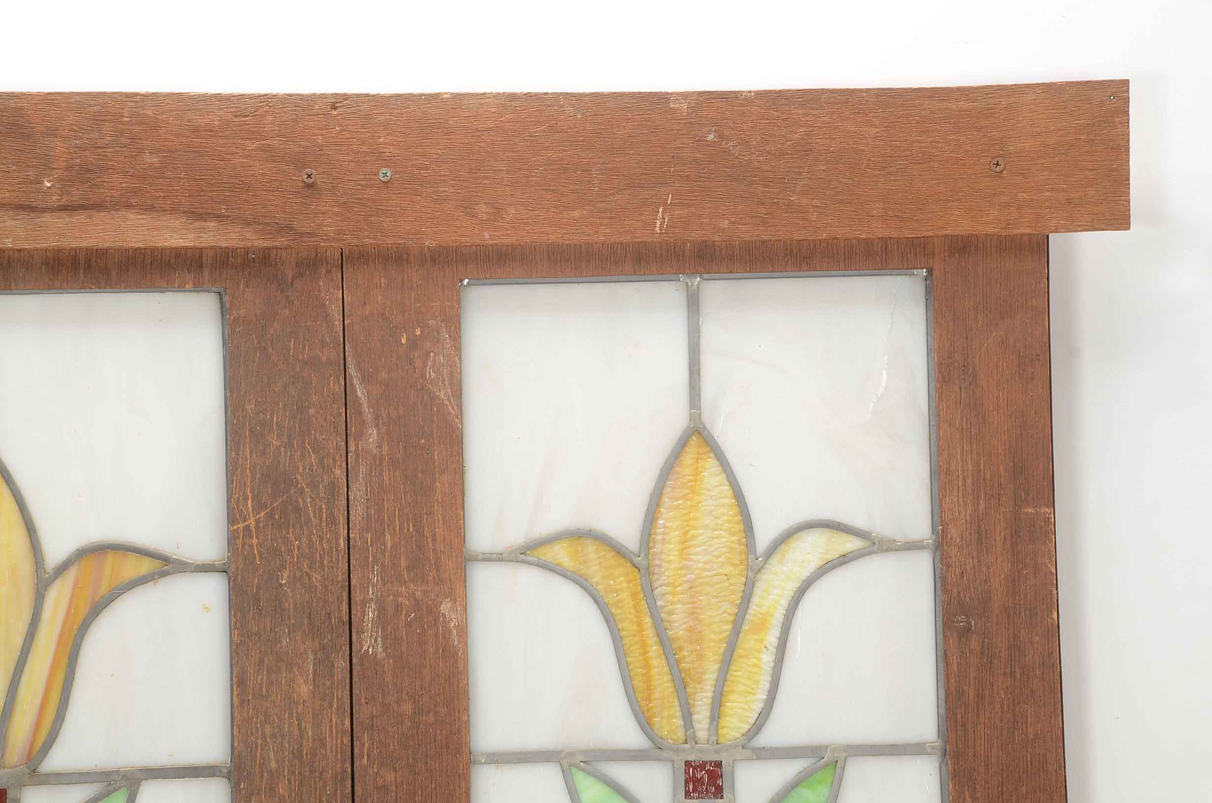 Vintage Leaded Stained Glass Panels in Wood Frame