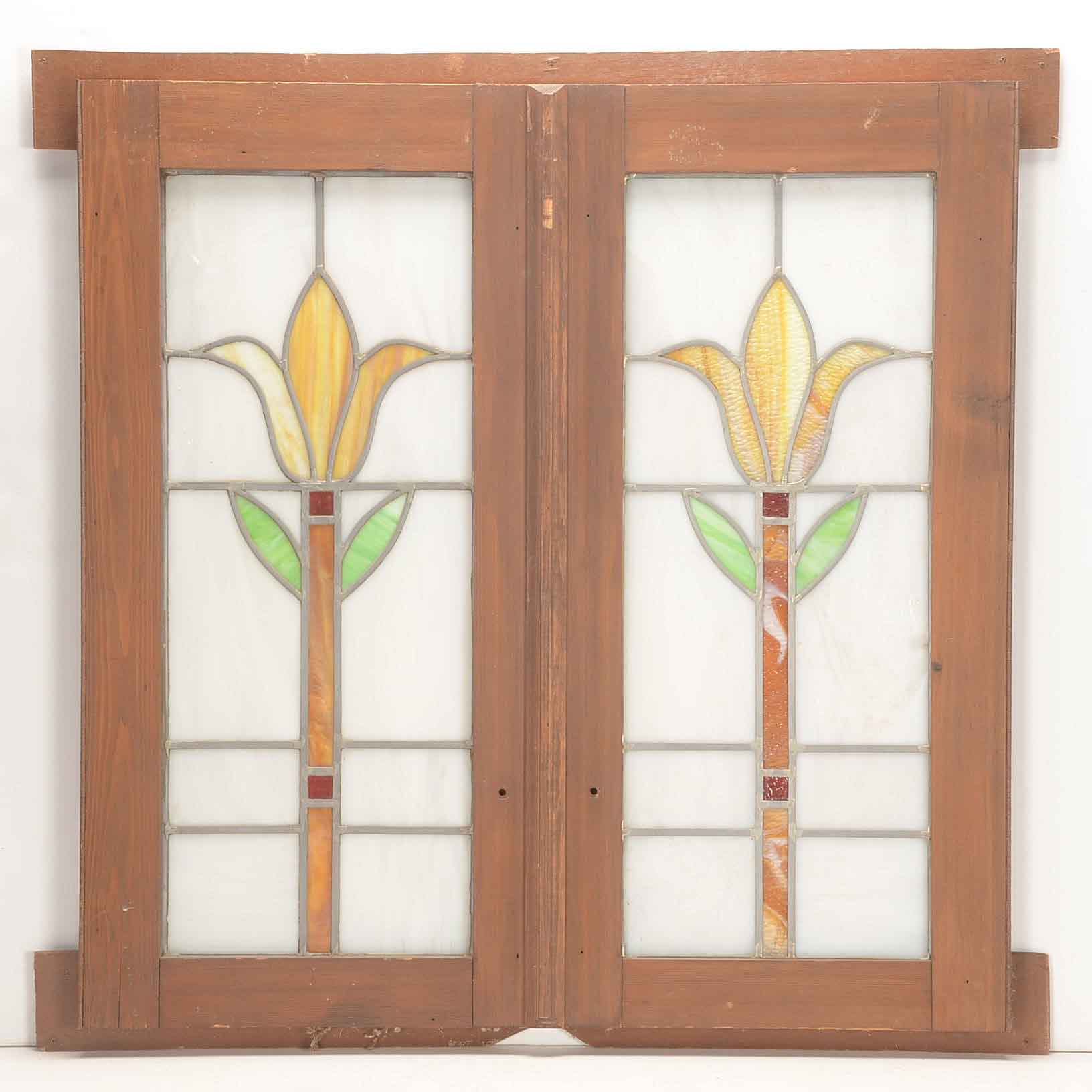 Vintage Leaded Stained Glass Panels in Wood Frame
