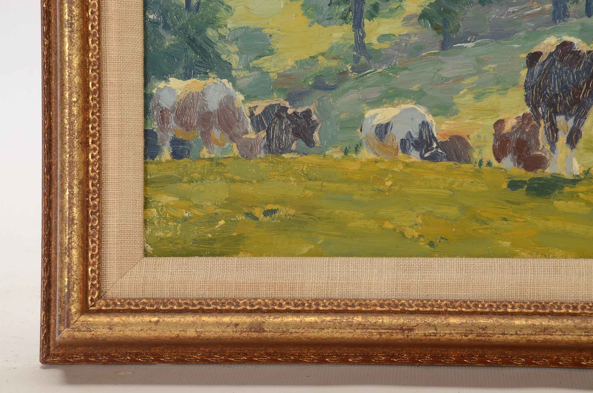 Edward Volkert Oil Painting on Board of Grazing Cows