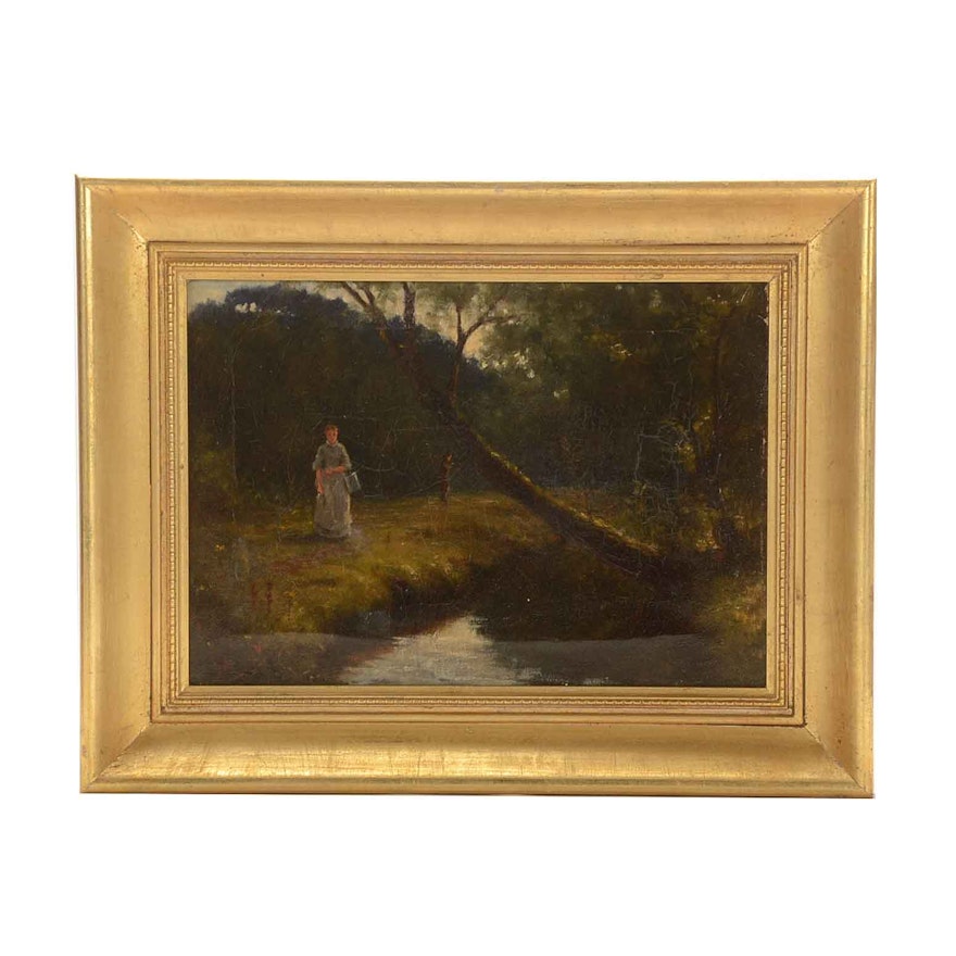 Antique Oil Painting on Canvas of Figures in Landscape