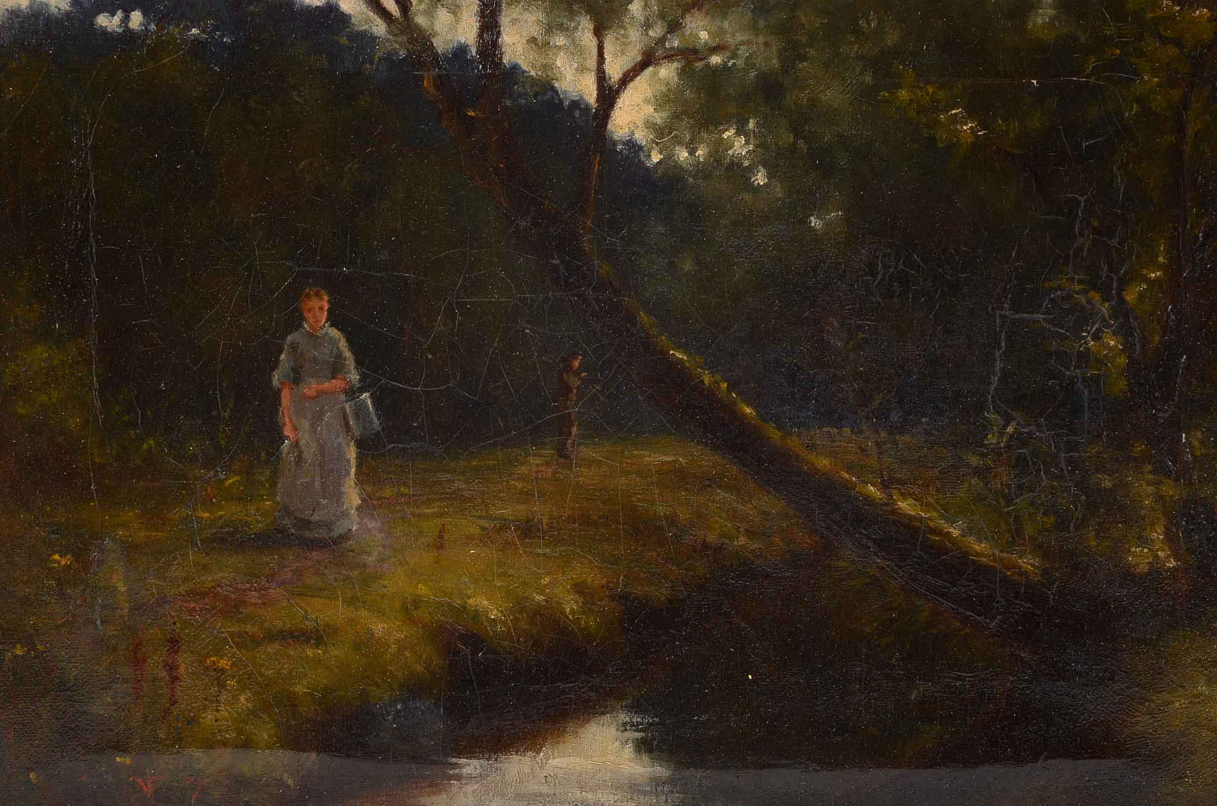 Antique Oil Painting on Canvas of Figures in Landscape