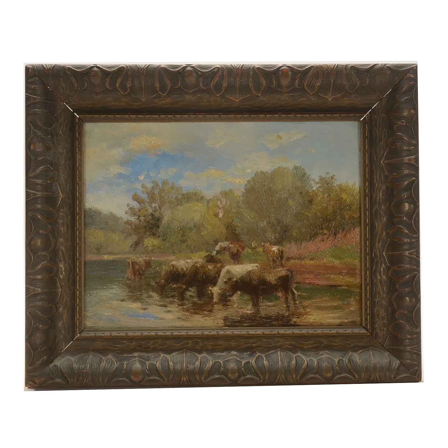 Charles Meurer Oil Painting on Board of Cows in Landscape