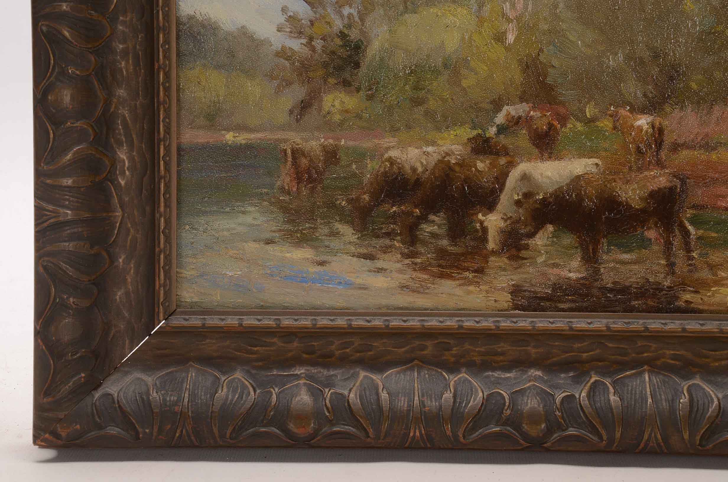 Charles Meurer Oil Painting on Board of Cows in Landscape