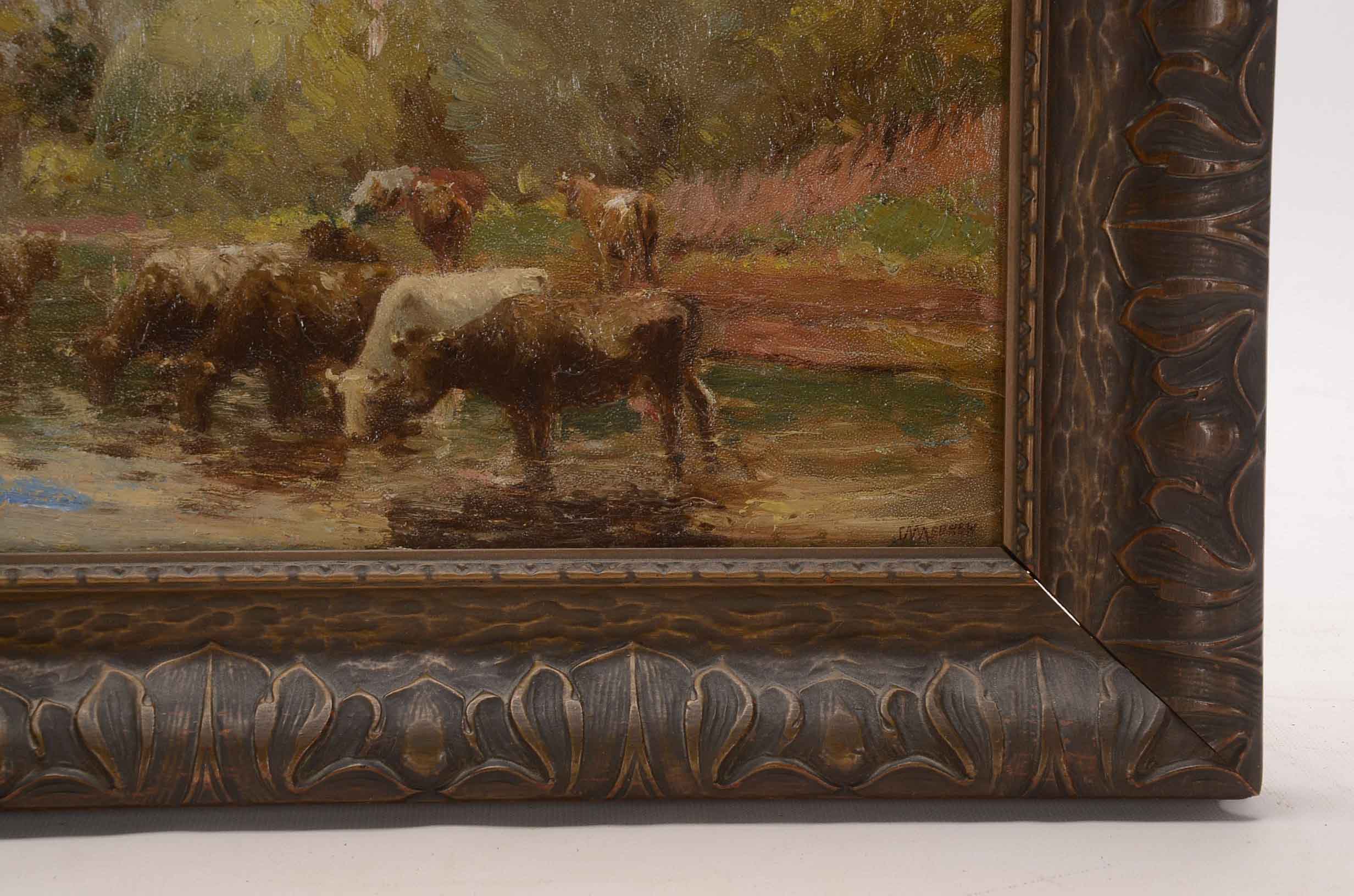 Charles Meurer Oil Painting on Board of Cows in Landscape