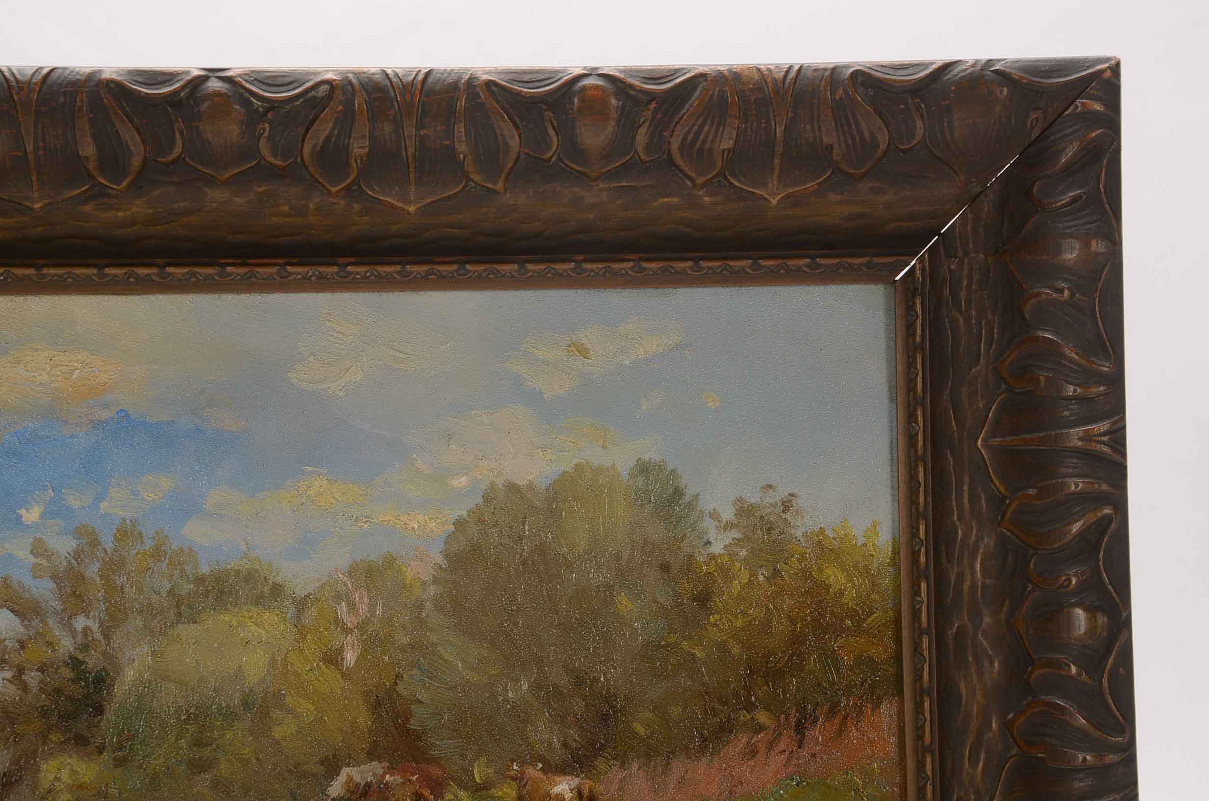 Charles Meurer Oil Painting on Board of Cows in Landscape