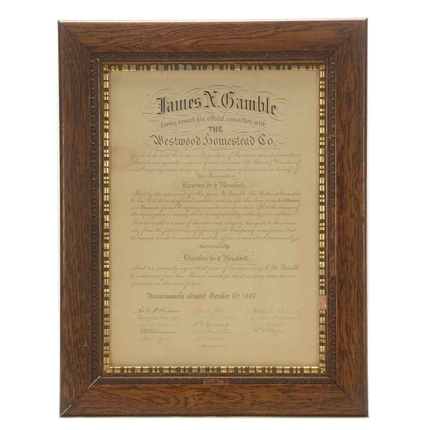 Handwritten Document Commemorating the Retirement of J. Gamble 1887