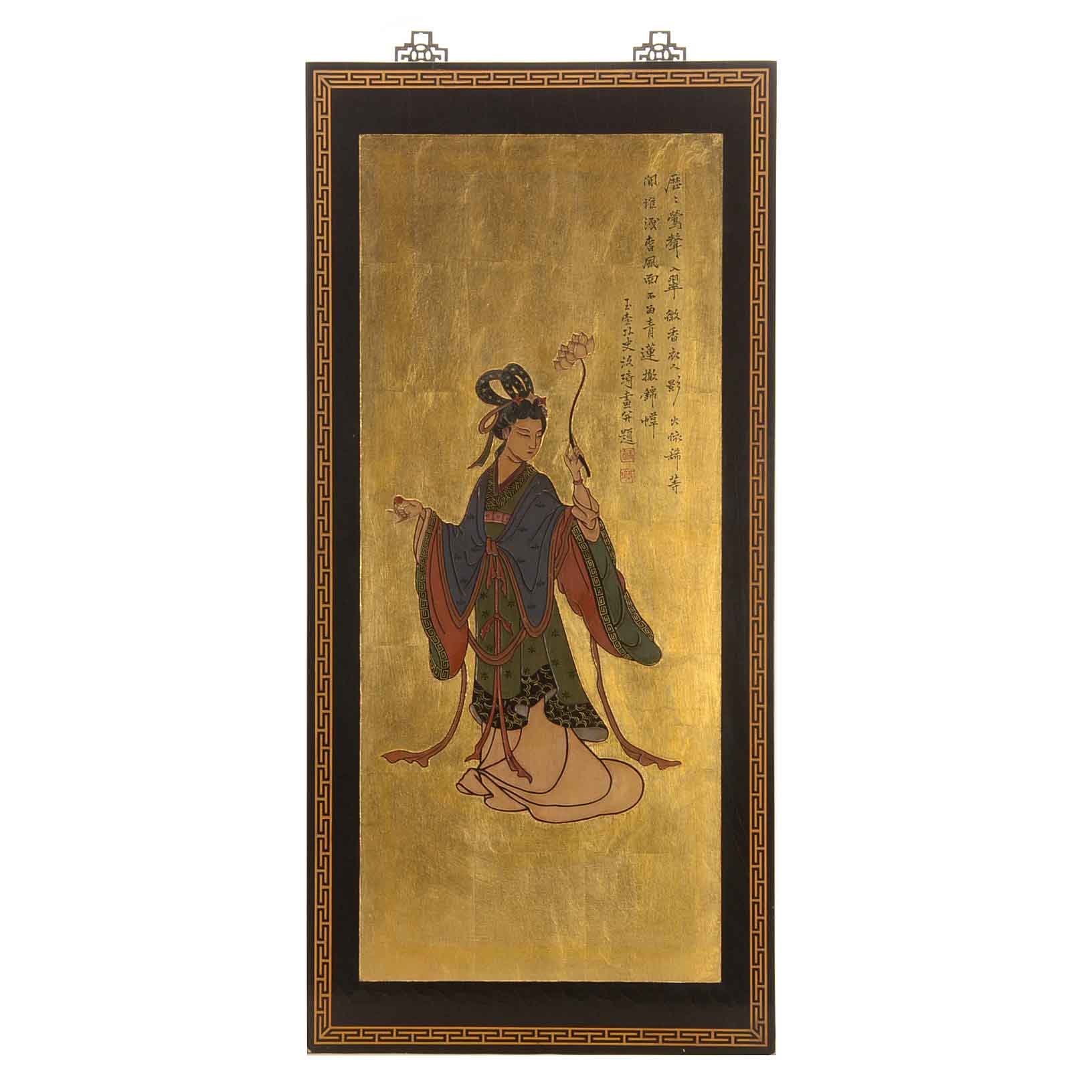 Vintage Hand-Carved and Painted East Asian-Style Panel