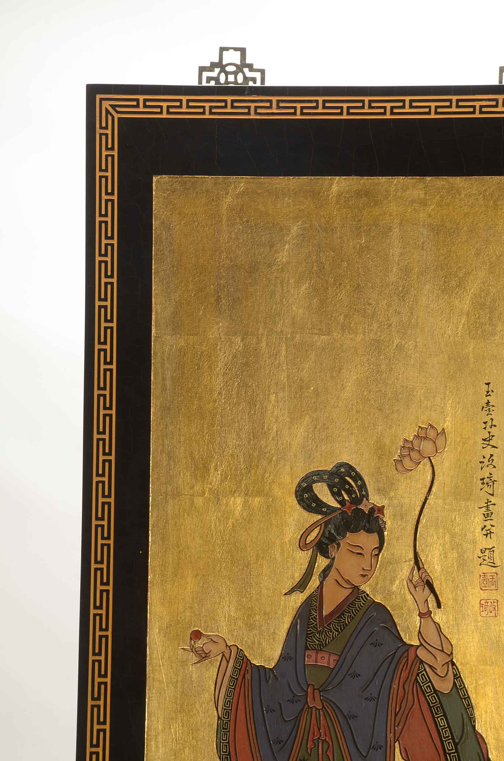 Vintage Hand-Carved and Painted East Asian-Style Panel