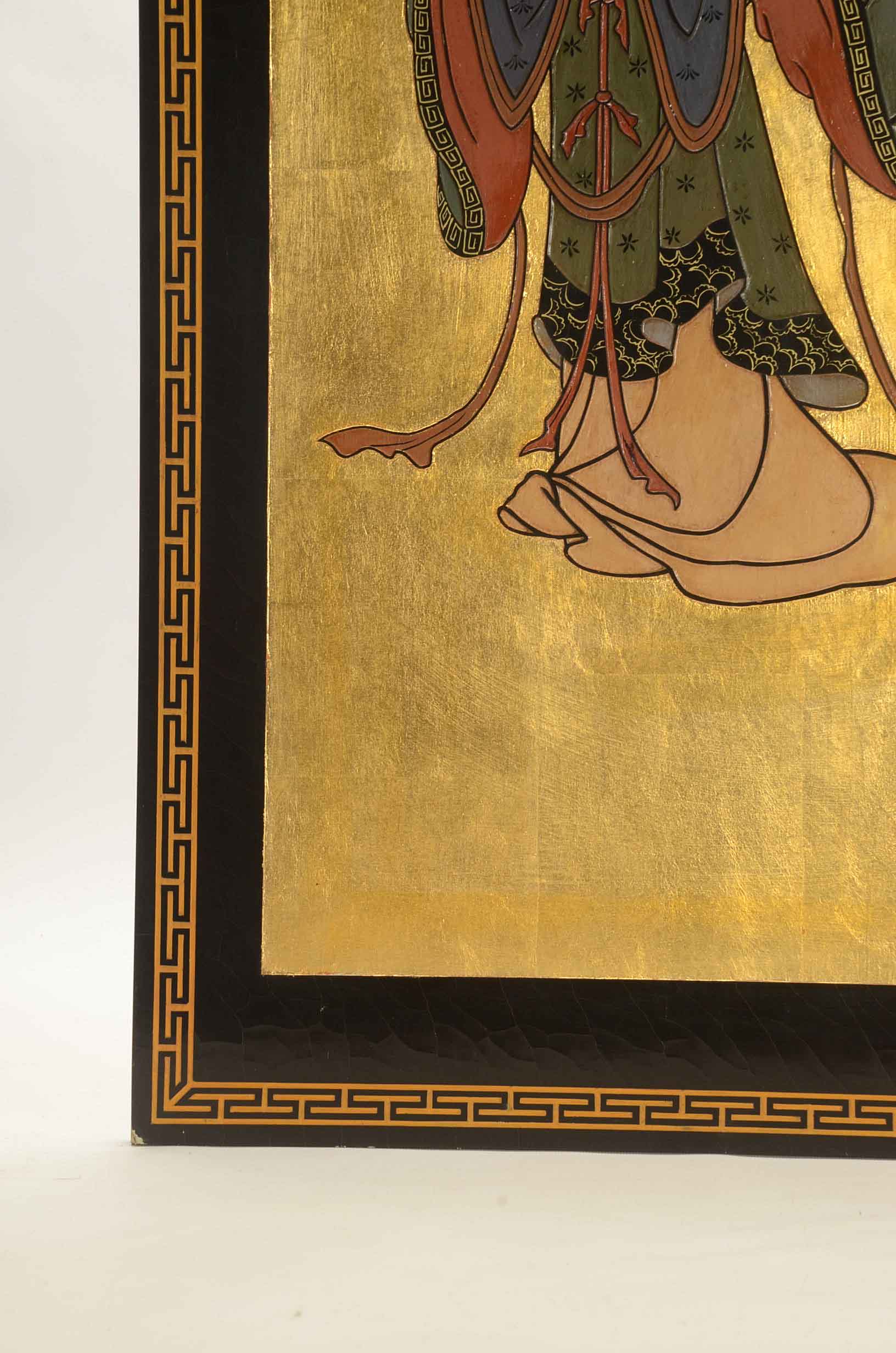 Vintage Hand-Carved and Painted East Asian-Style Panel