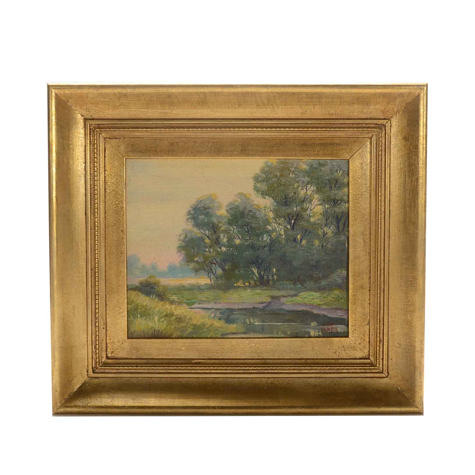 C.W. Fryer Signed Oil Painting of a Landscape at Sunset