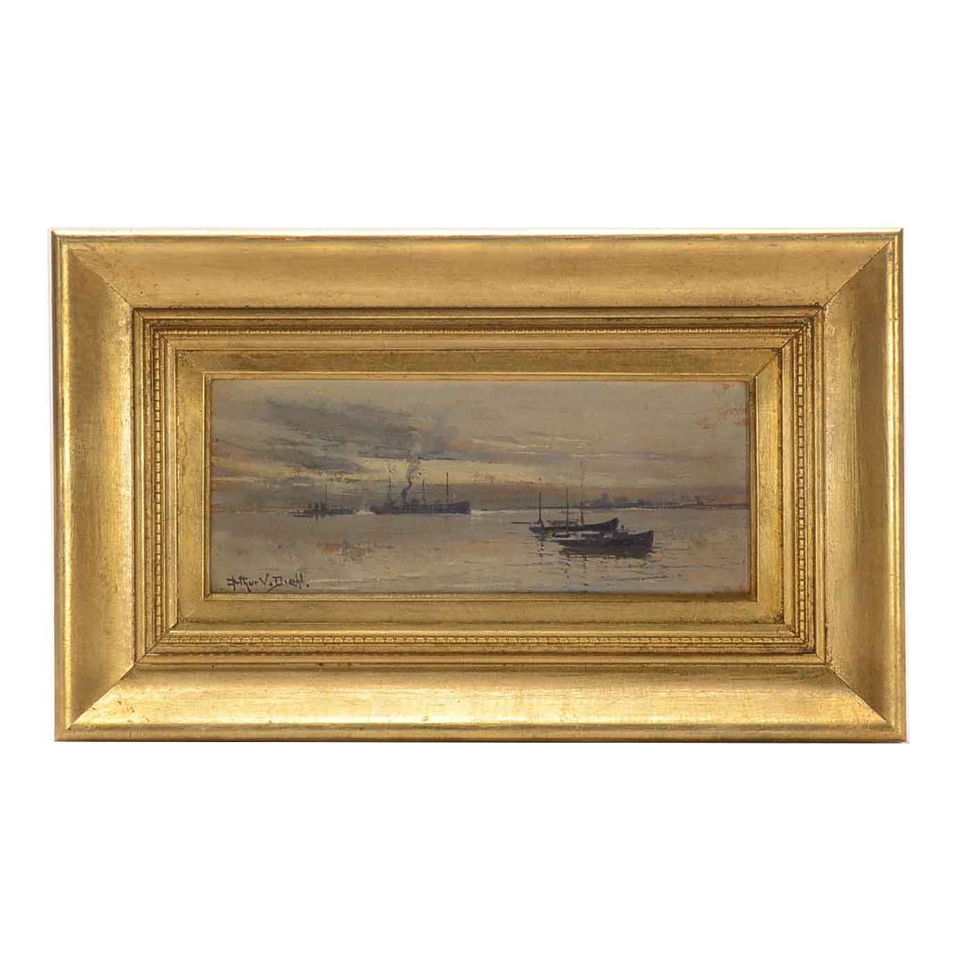 Arthur Diehl Oil Painting on Board of Ships in Harbor