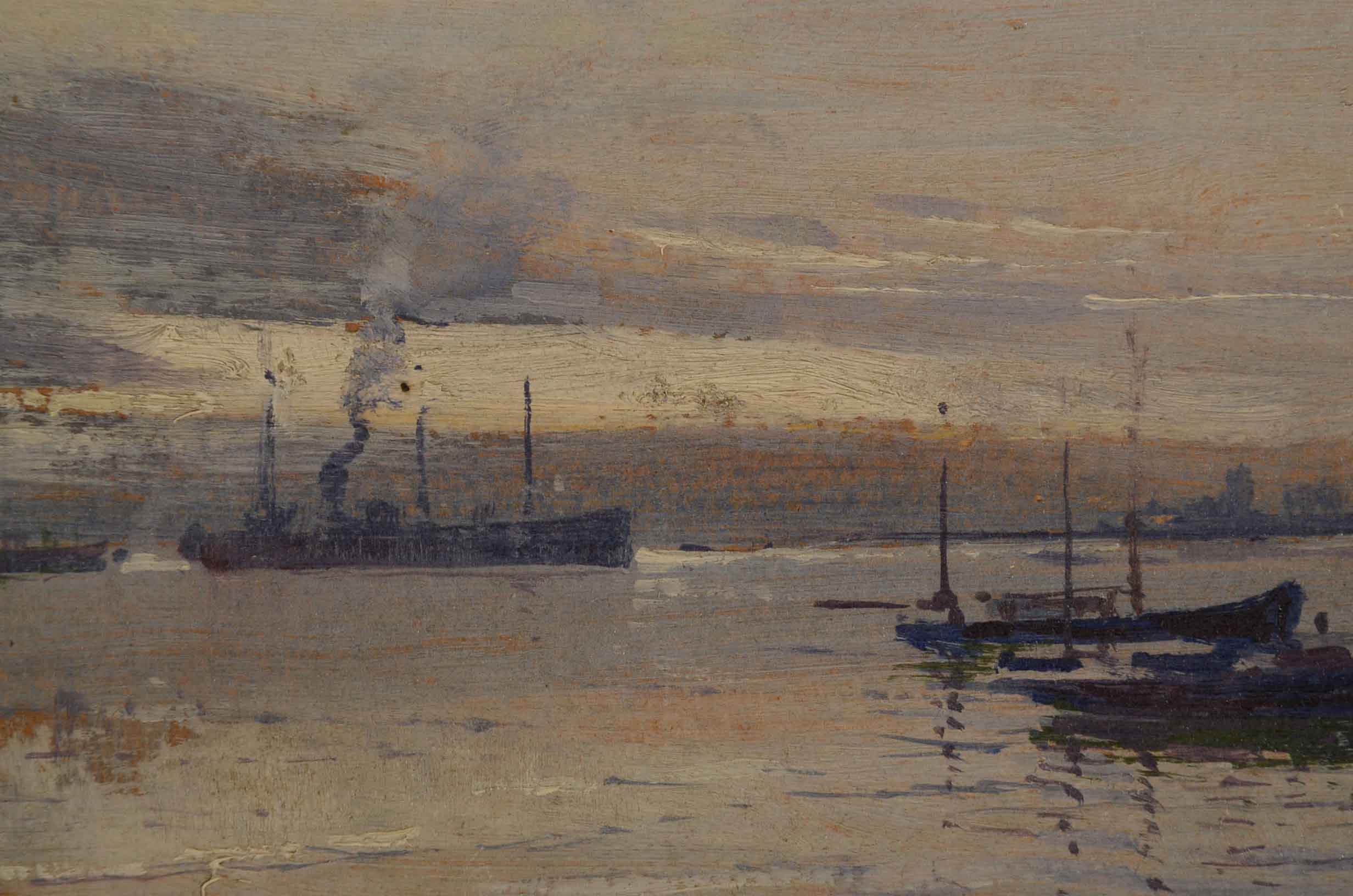 Arthur Diehl Oil Painting on Board of Ships in Harbor