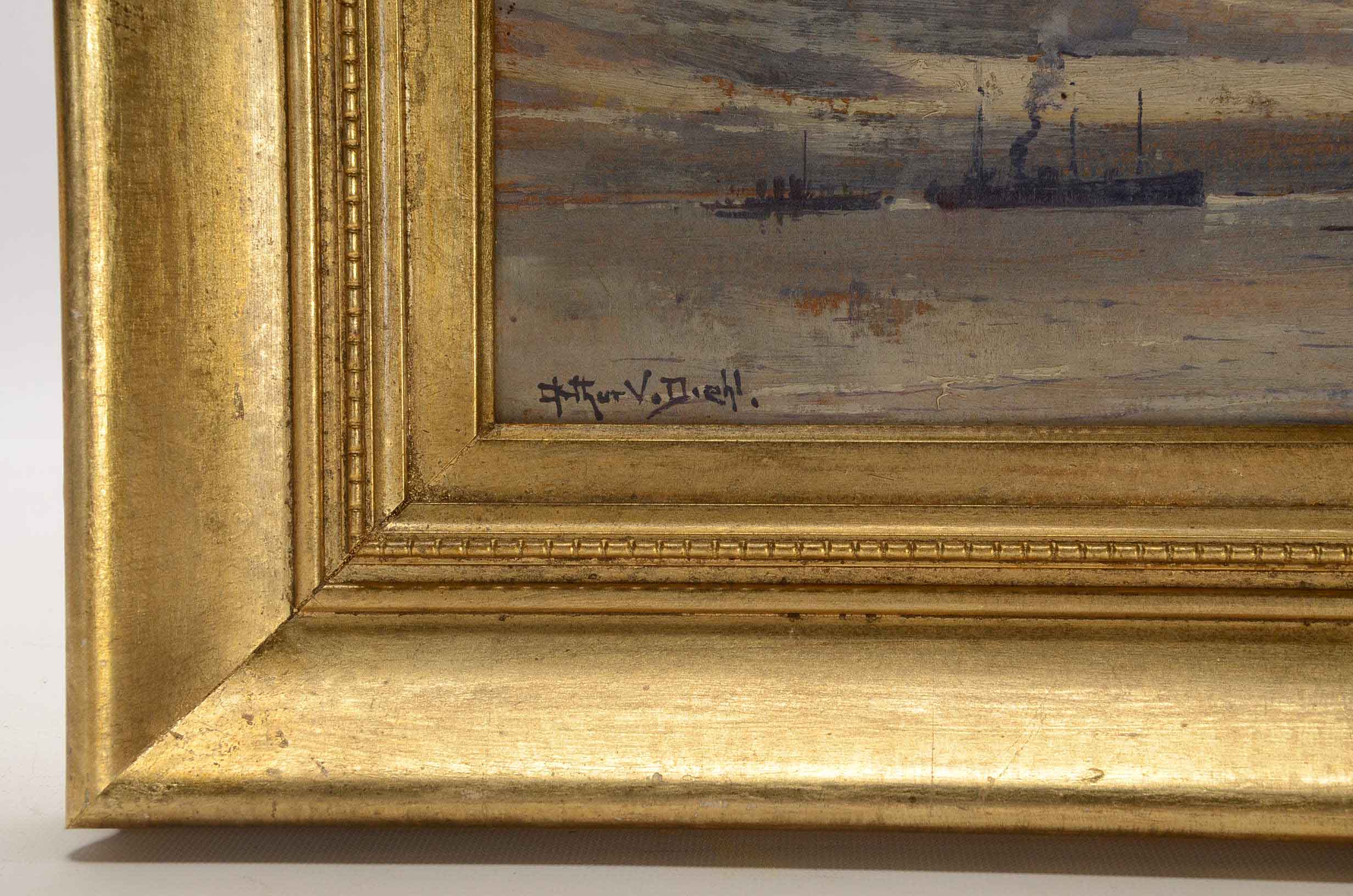 Arthur Diehl Oil Painting on Board of Ships in Harbor