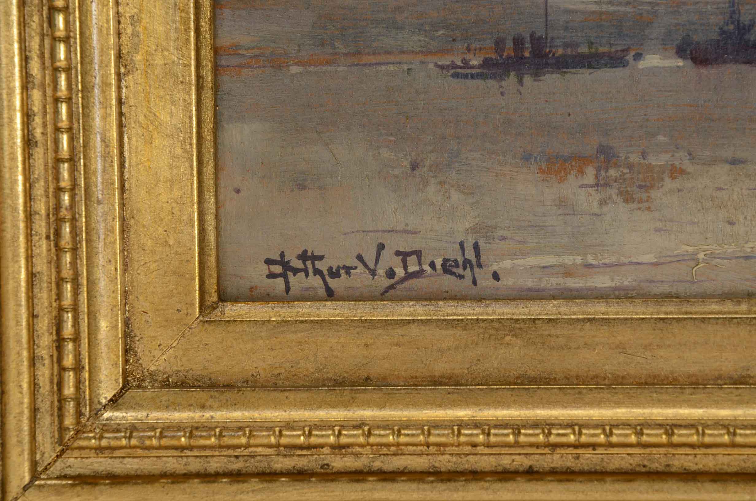 Arthur Diehl Oil Painting on Board of Ships in Harbor