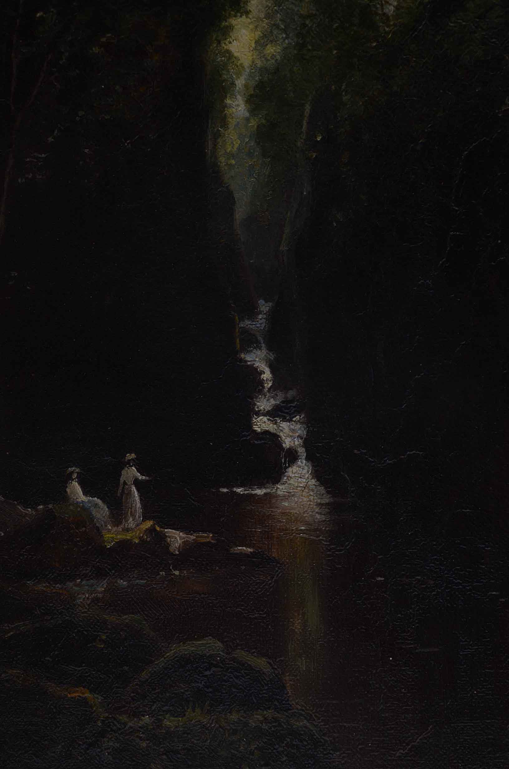 Oil Painting of Two Figures beside a Waterfall
