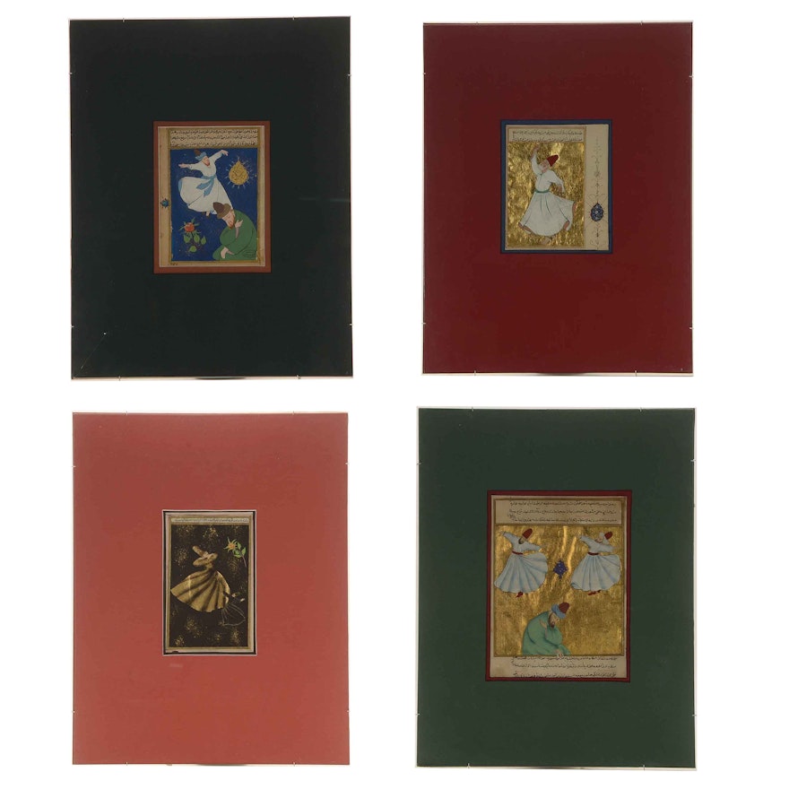 Four Indo-Persian Miniature Gouache Paintings on Paper of Whirling Dervishes