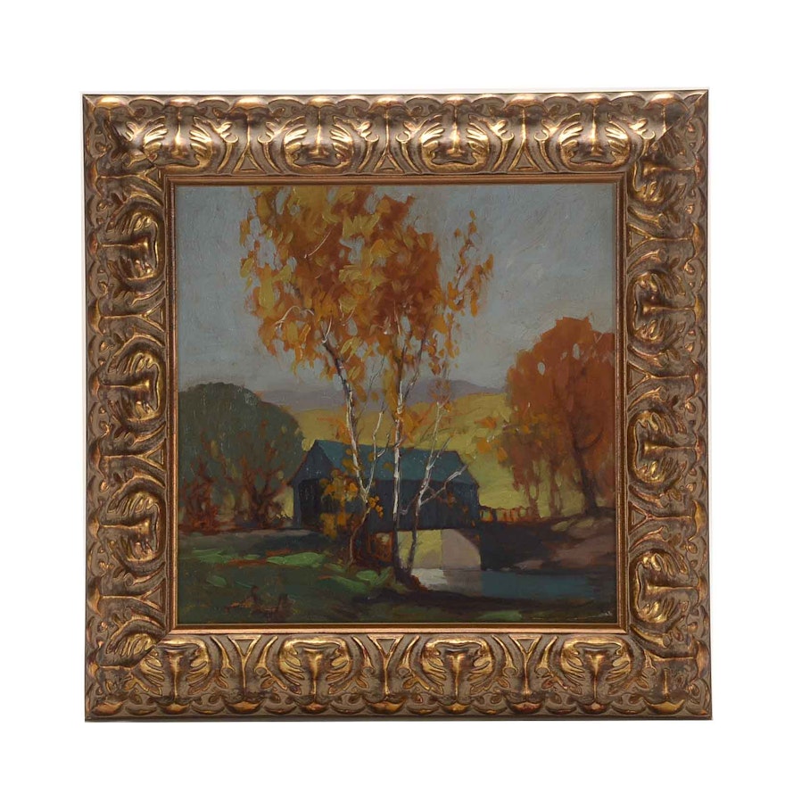James Topping Oil Painting of a Covered Bridge