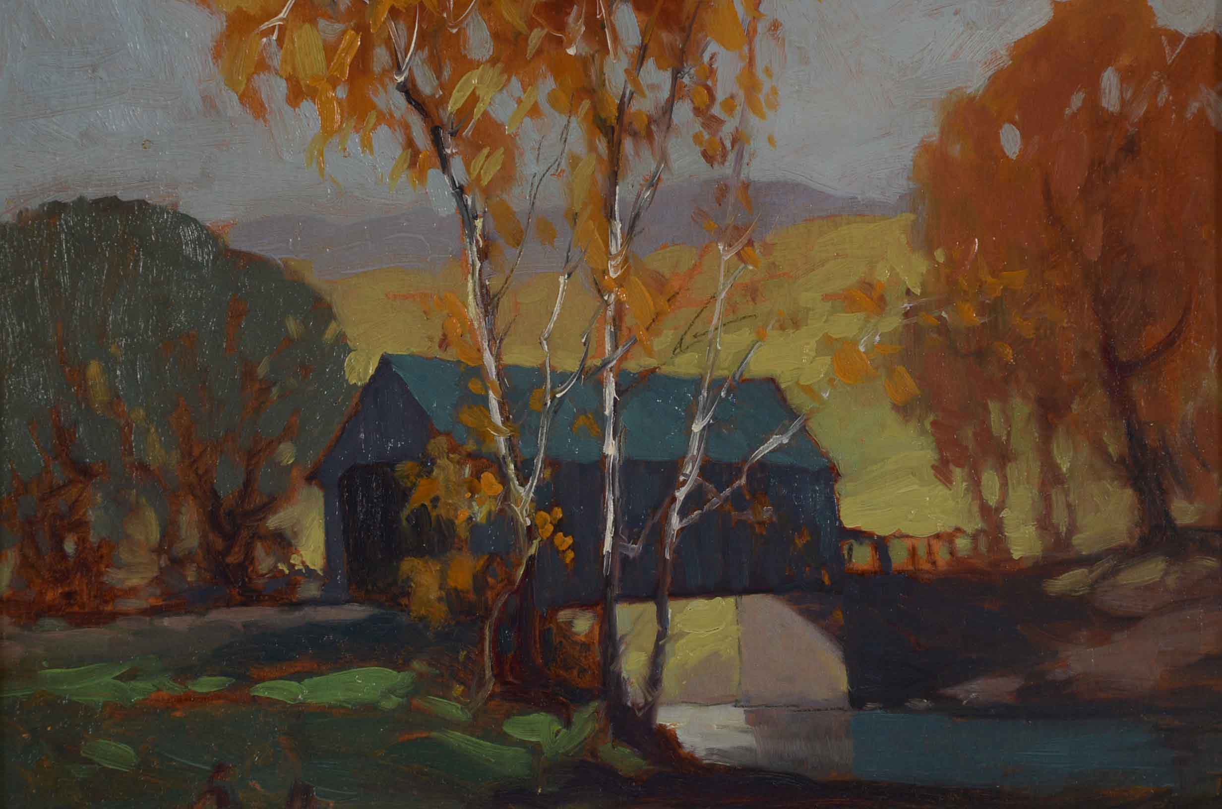 James Topping Oil Painting of a Covered Bridge