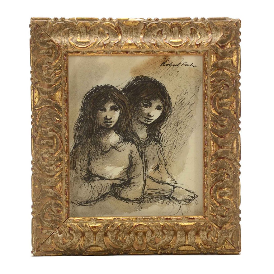 Robert Fabe Signed Ink and Wash Drawing of Two Figures
