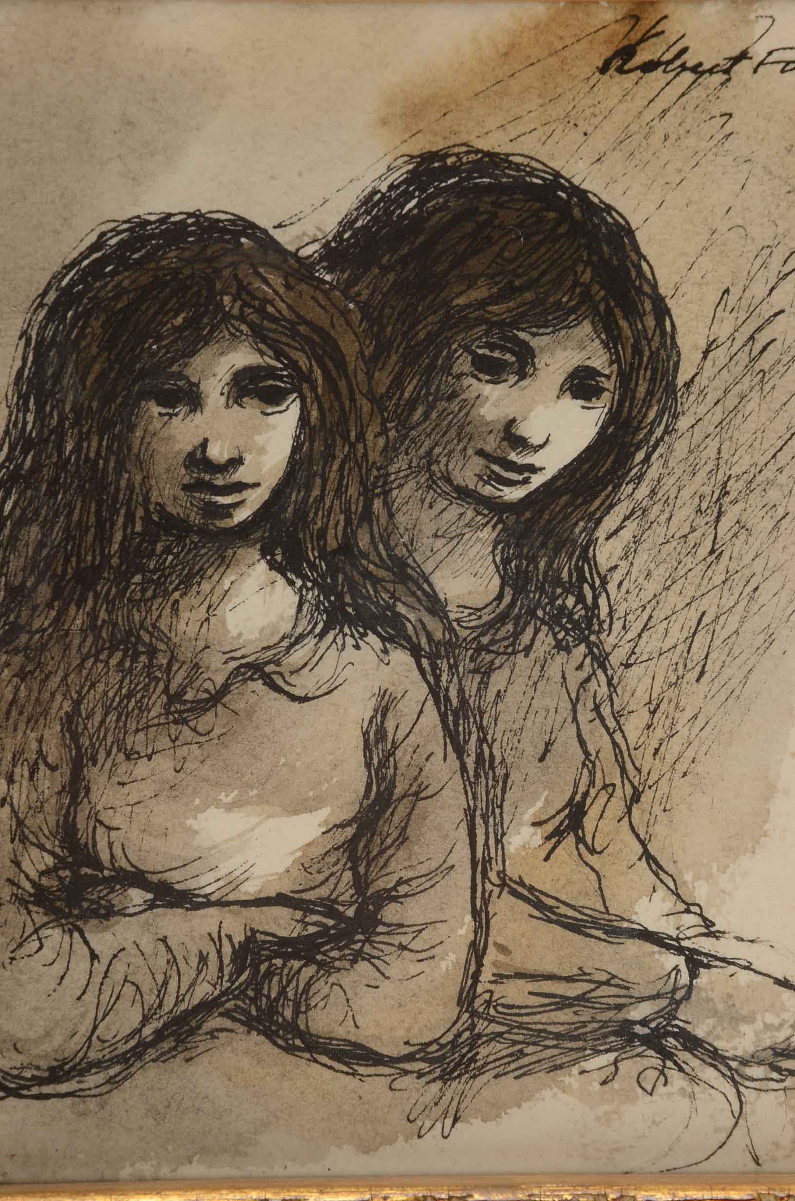 Robert Fabe Signed Ink and Wash Drawing of Two Figures