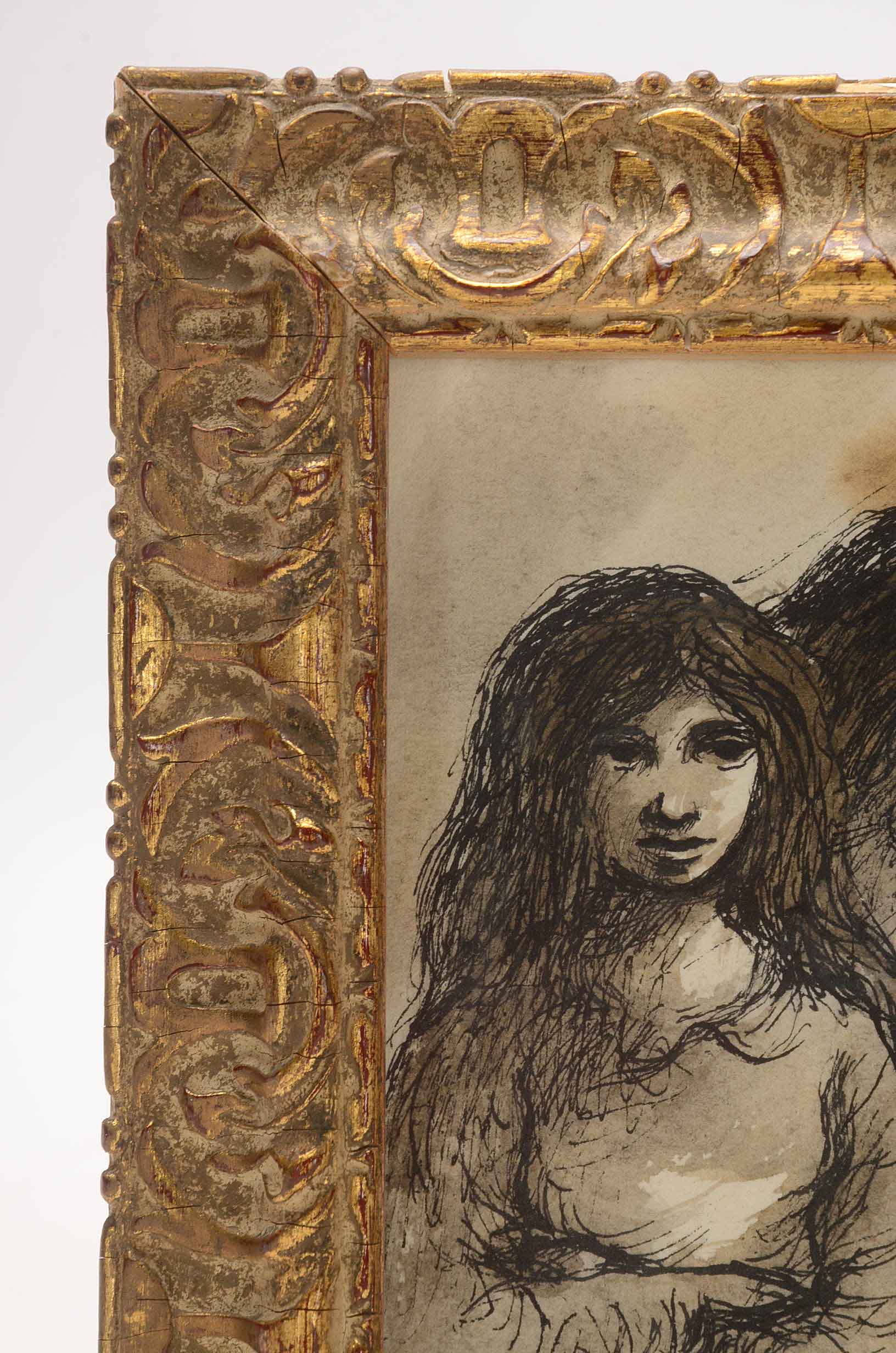 Robert Fabe Signed Ink and Wash Drawing of Two Figures