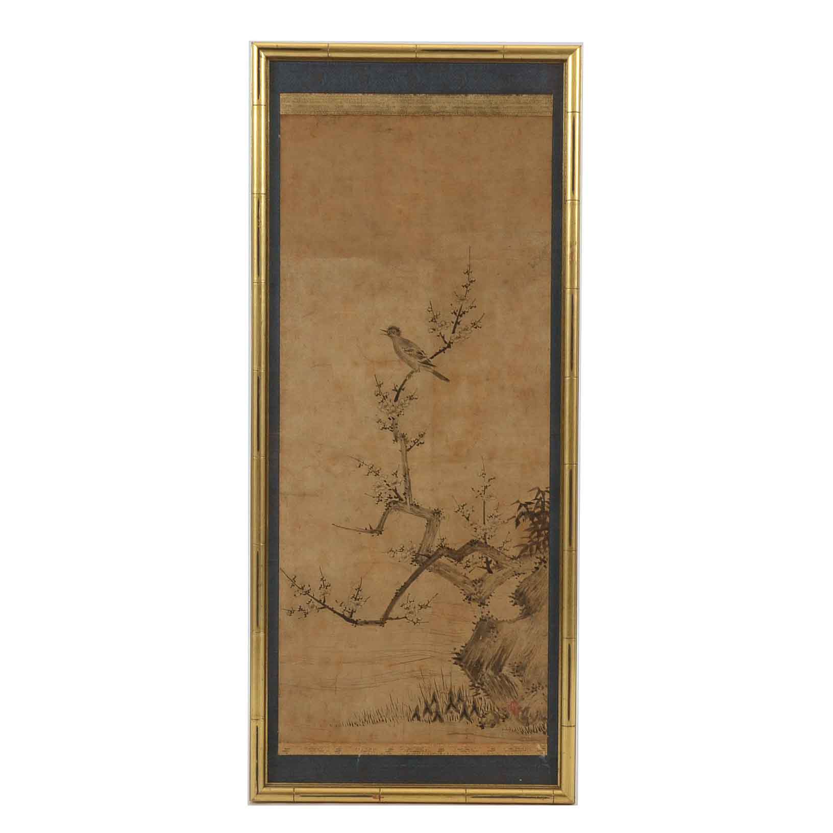 Asian Ink Painting of a Bird in a Flowering Tree