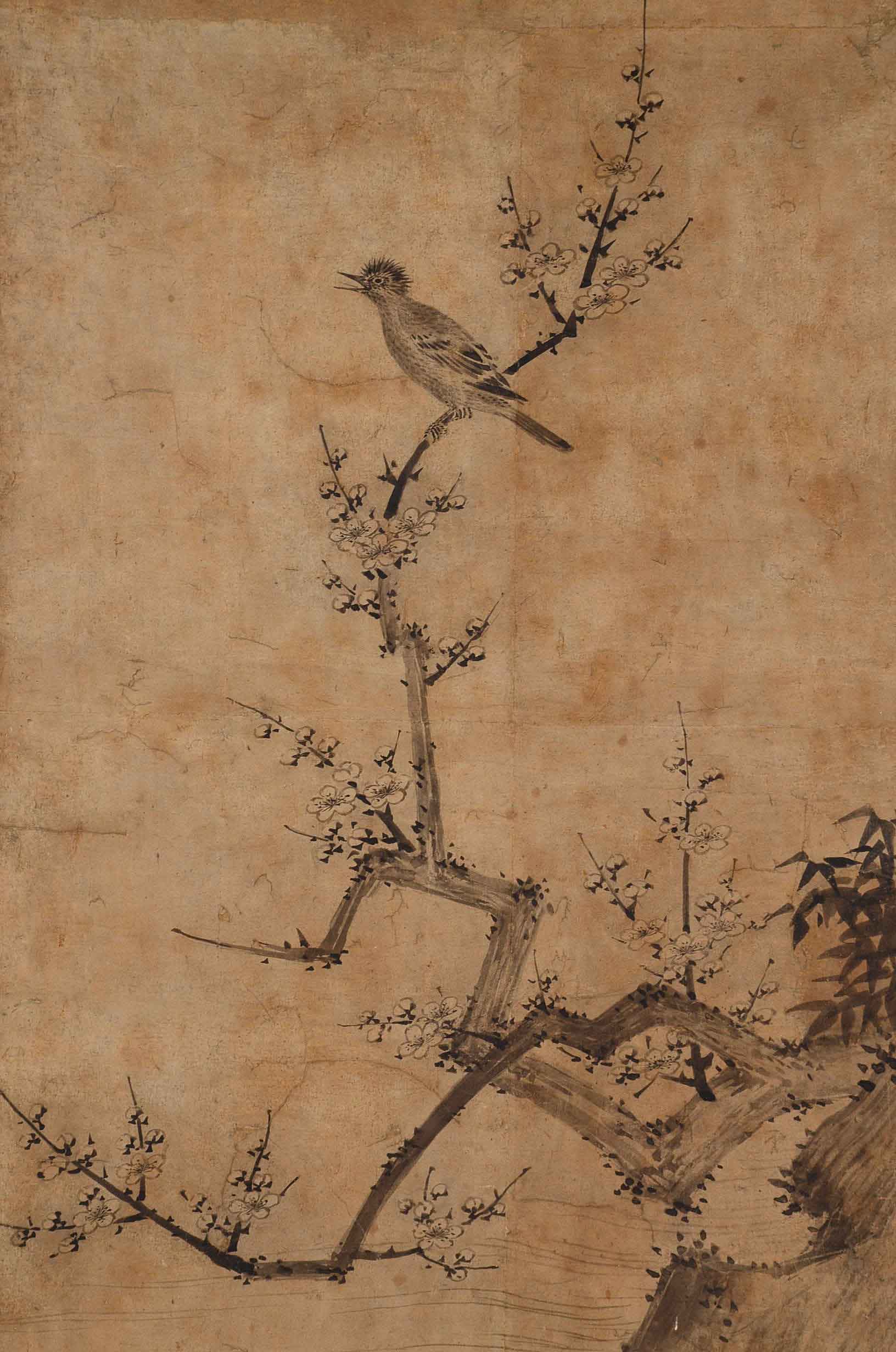 Asian Ink Painting of a Bird in a Flowering Tree