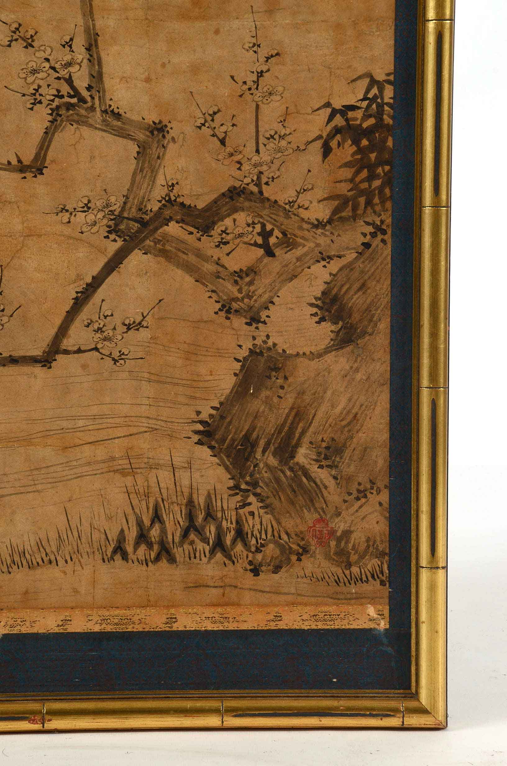 Asian Ink Painting of a Bird in a Flowering Tree