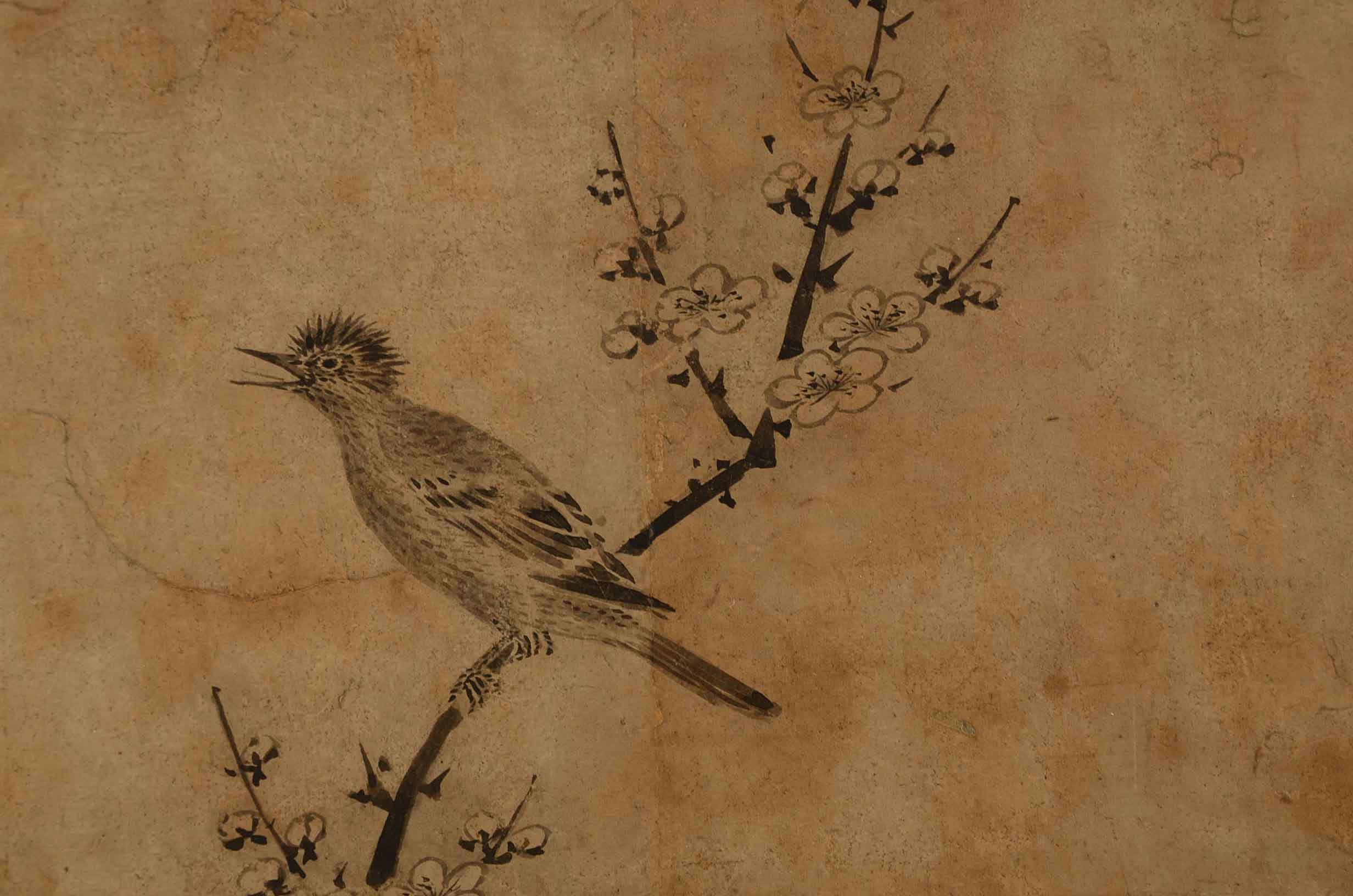 Asian Ink Painting of a Bird in a Flowering Tree