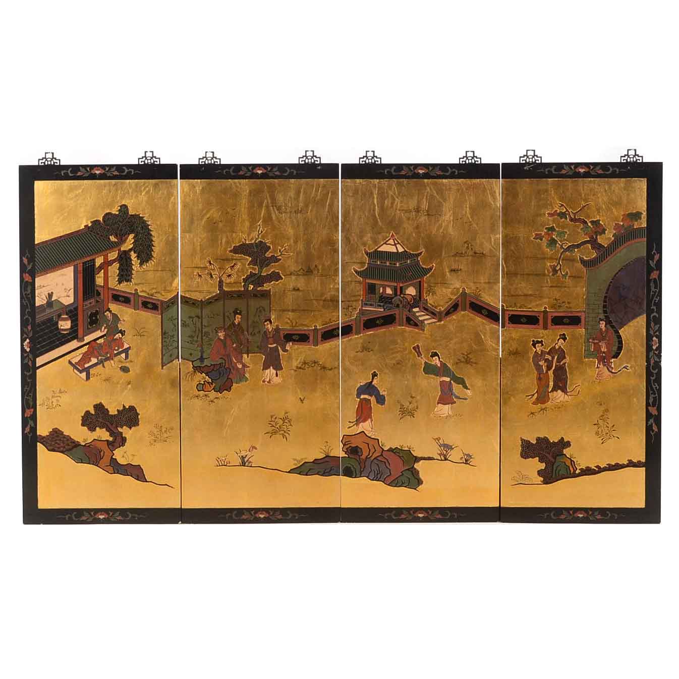 Four Vintage Hand-Carved and Painted East Asian-Style Panels