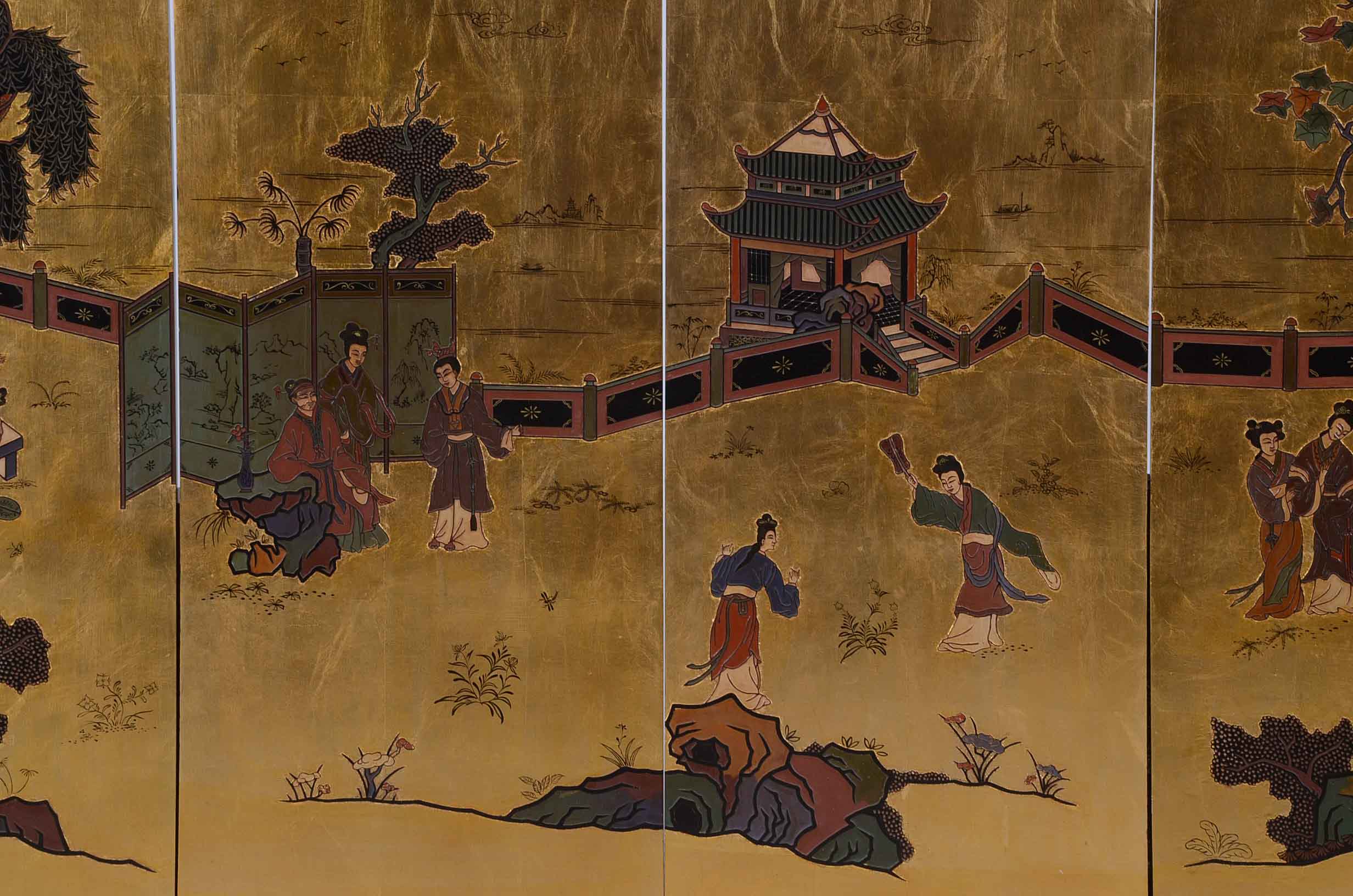 Four Vintage Hand-Carved and Painted East Asian-Style Panels