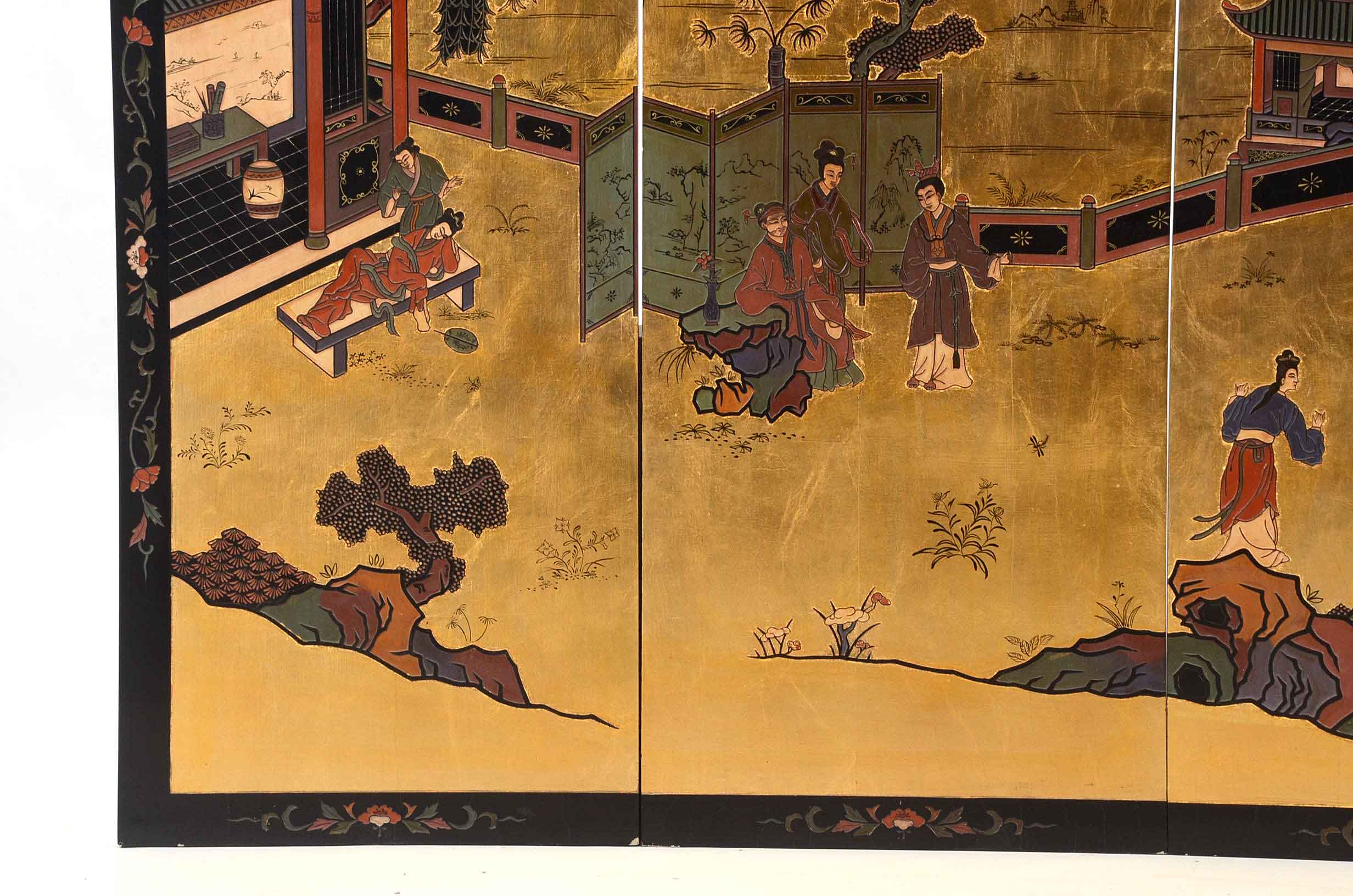 Four Vintage Hand-Carved and Painted East Asian-Style Panels