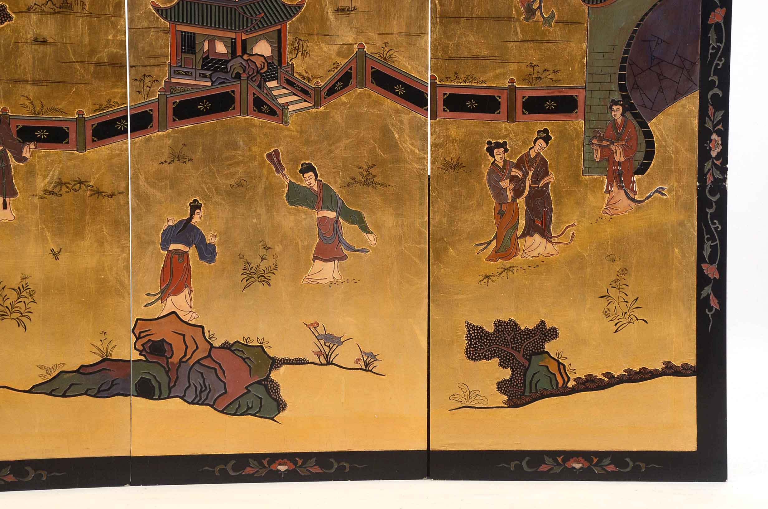 Four Vintage Hand-Carved and Painted East Asian-Style Panels