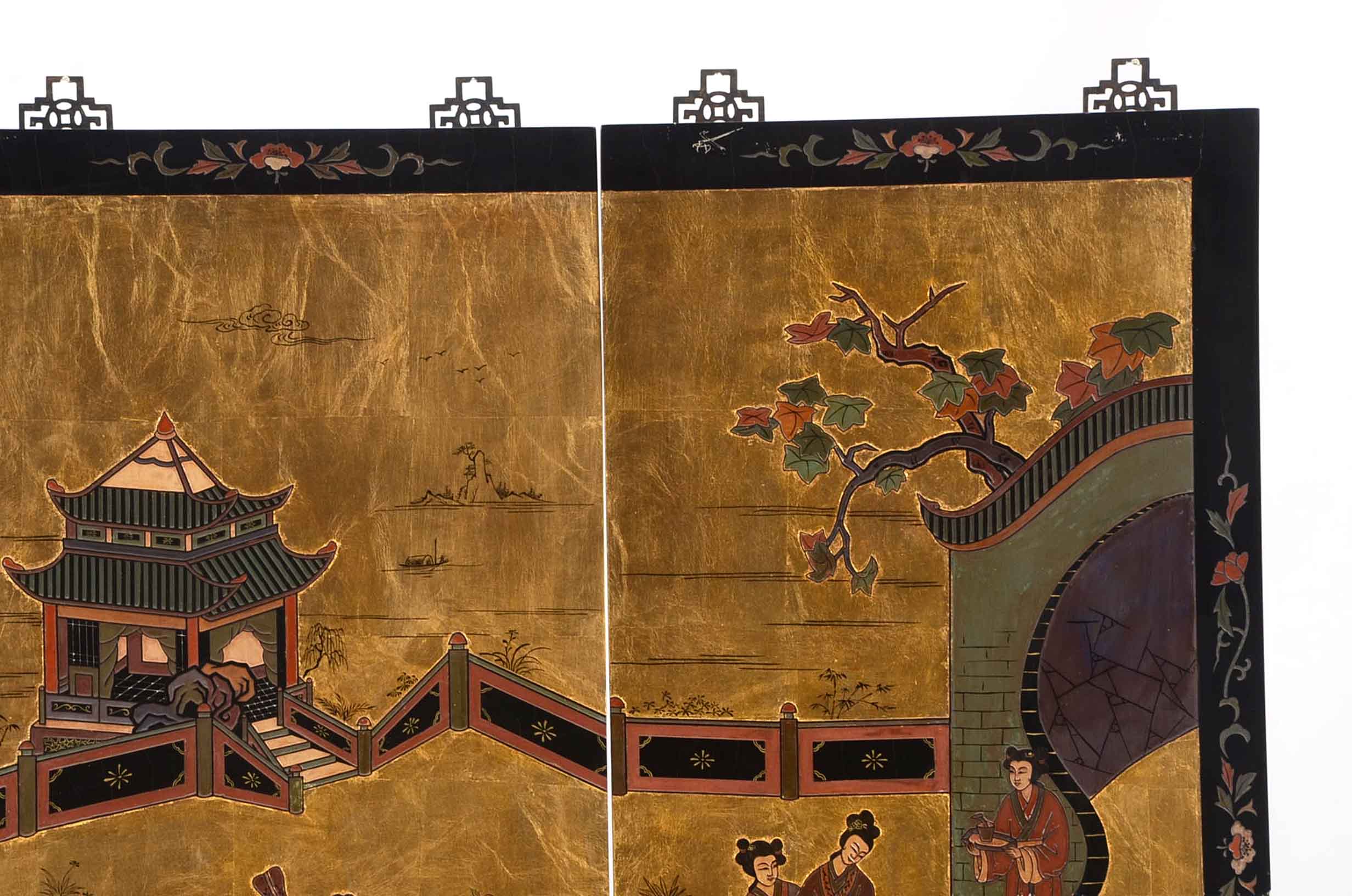 Four Vintage Hand-Carved and Painted East Asian-Style Panels