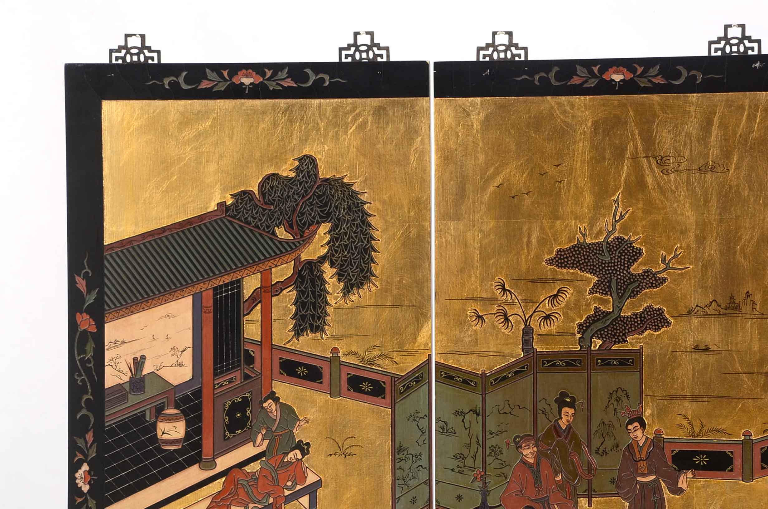 Four Vintage Hand-Carved and Painted East Asian-Style Panels