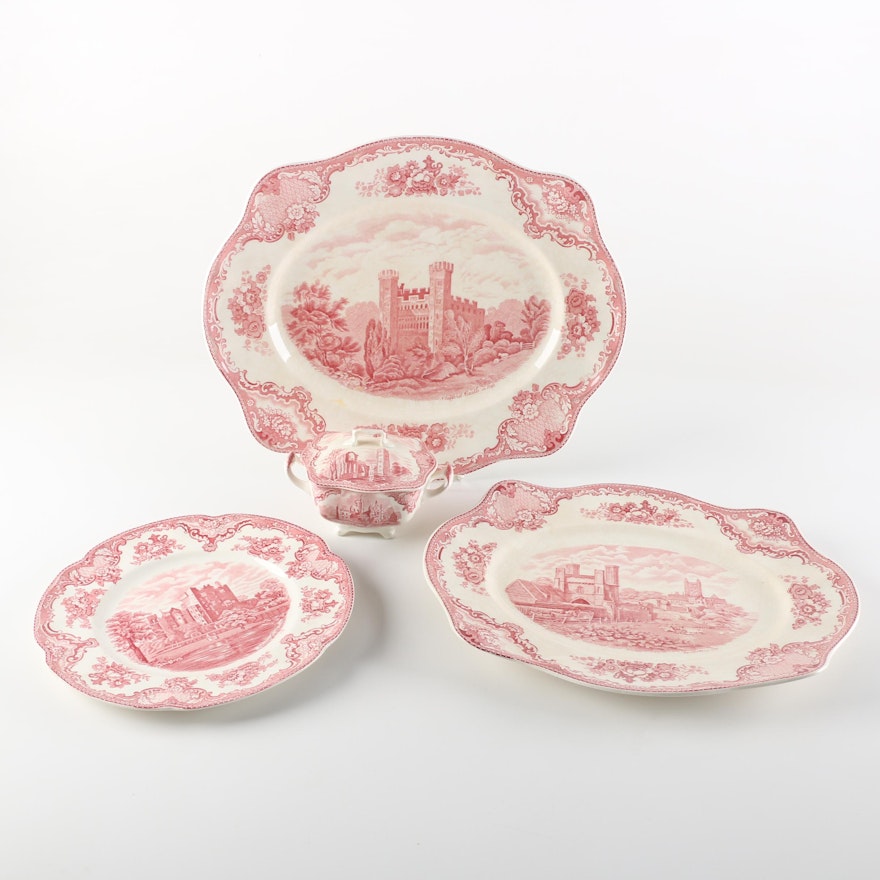 Johnson Brothers "Old Britain Castles" Red Transfer Printed Platters and Sucre