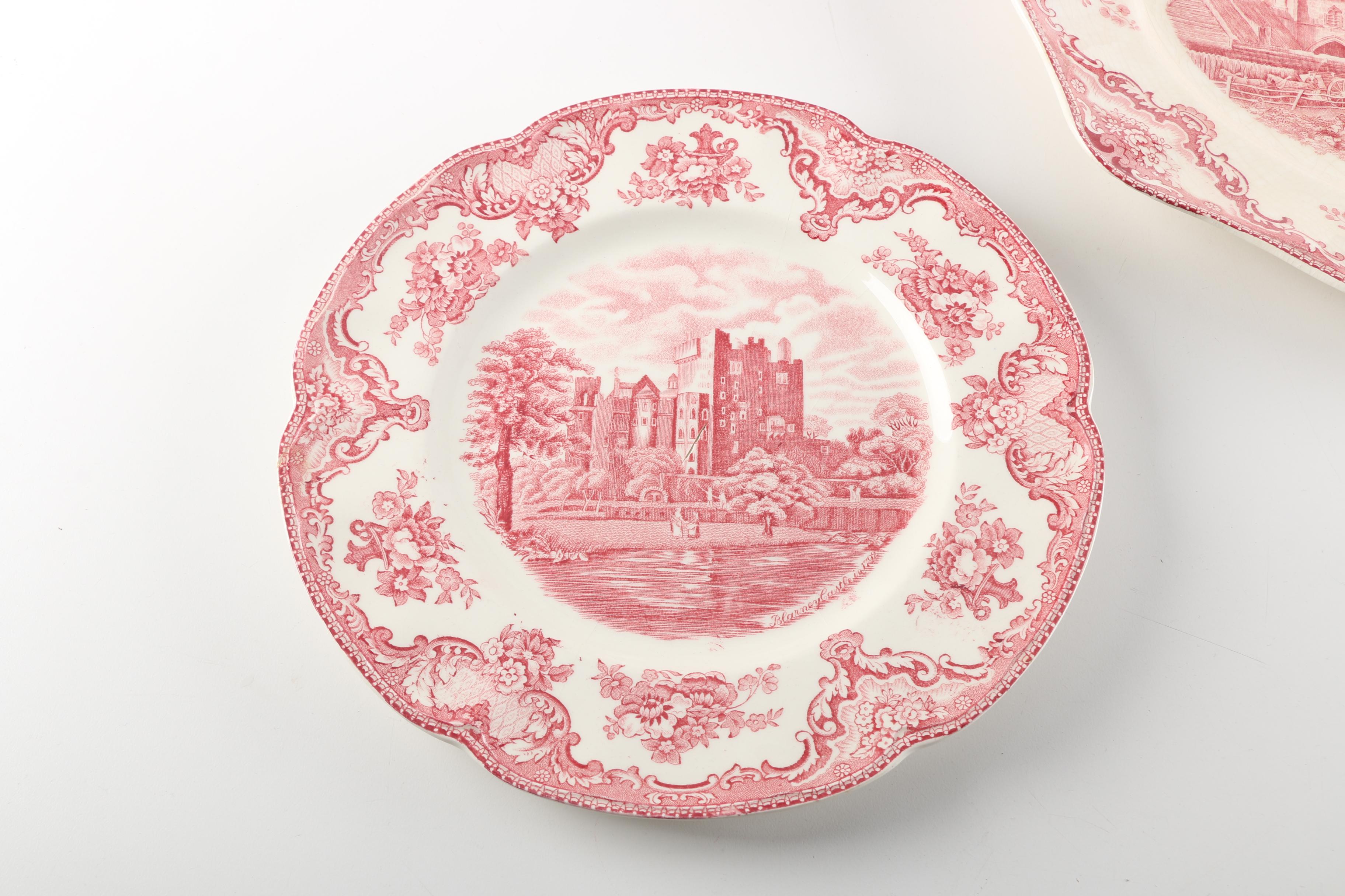 Johnson Brothers "Old Britain Castles" Red Transfer Printed Platters and Sucre