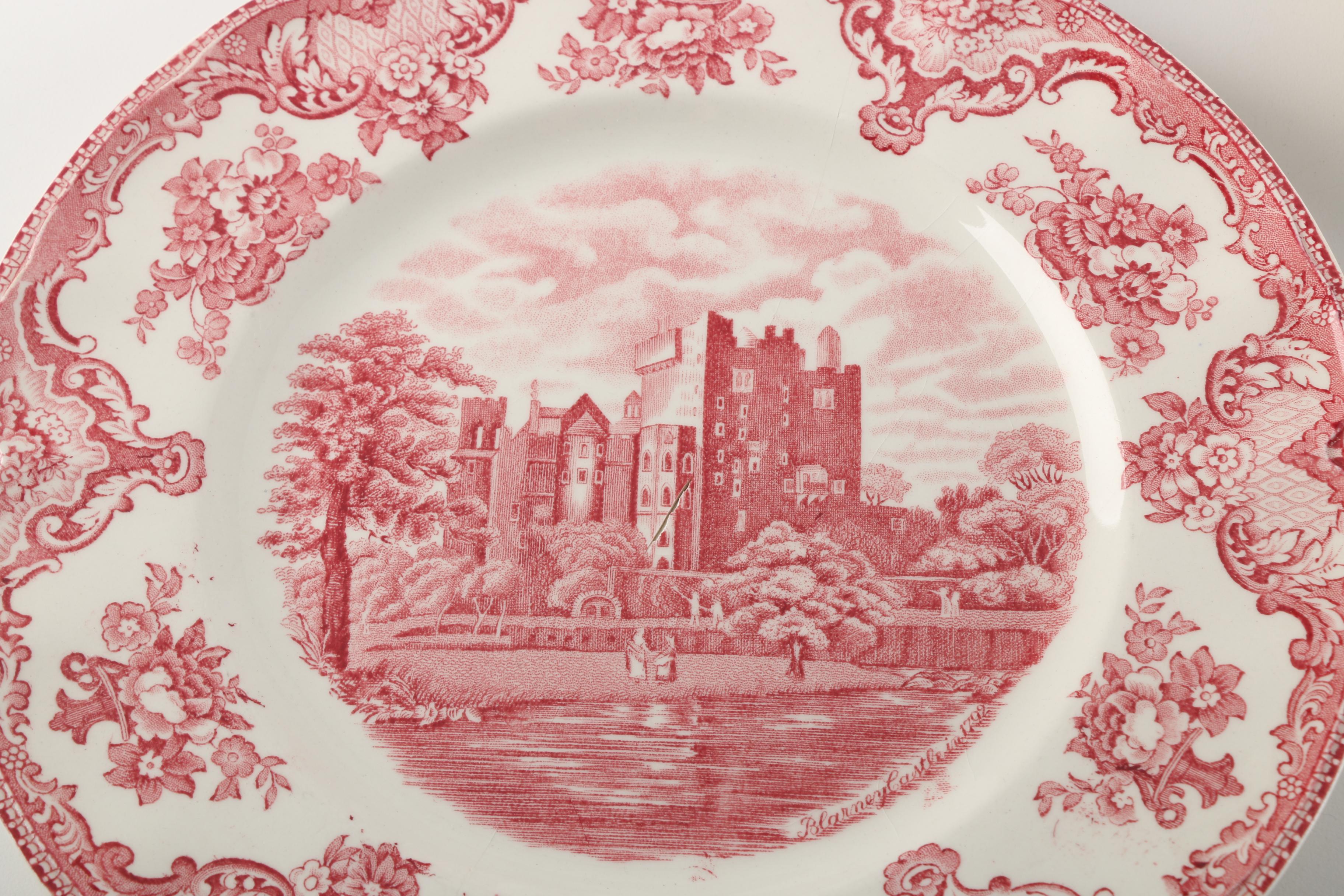 Johnson Brothers "Old Britain Castles" Red Transfer Printed Platters and Sucre