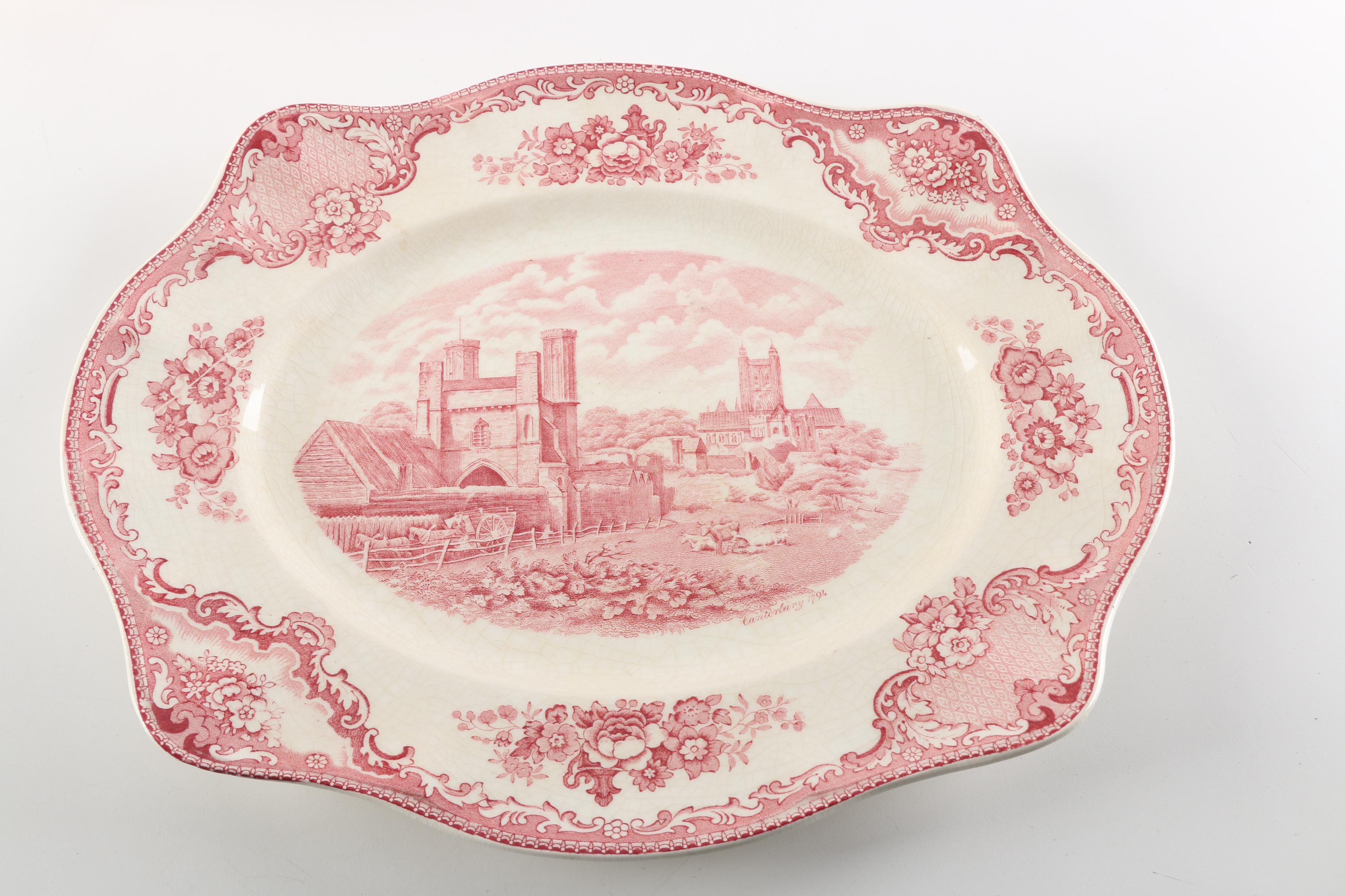 Johnson Brothers "Old Britain Castles" Red Transfer Printed Platters and Sucre
