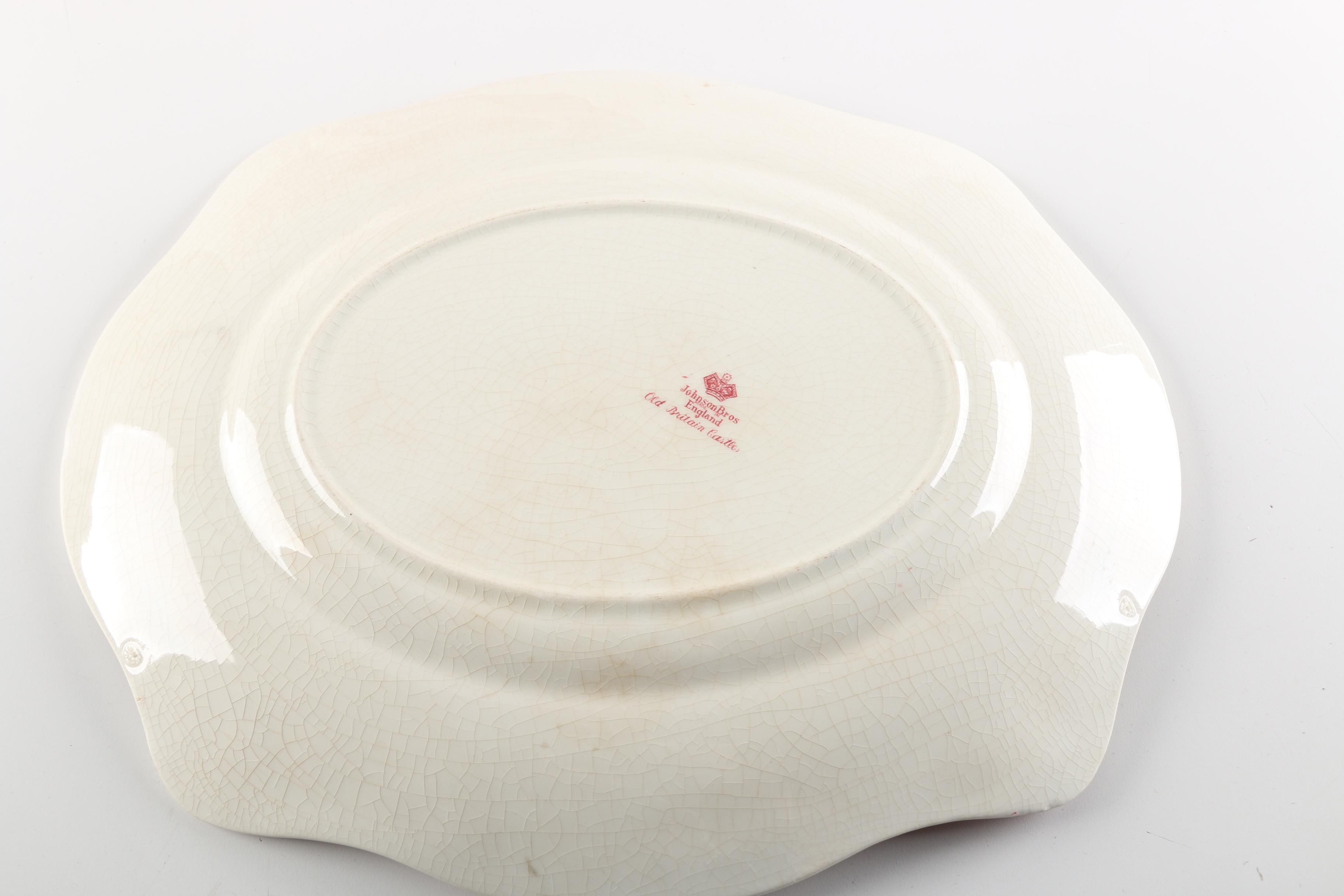 Johnson Brothers "Old Britain Castles" Red Transfer Printed Platters and Sucre