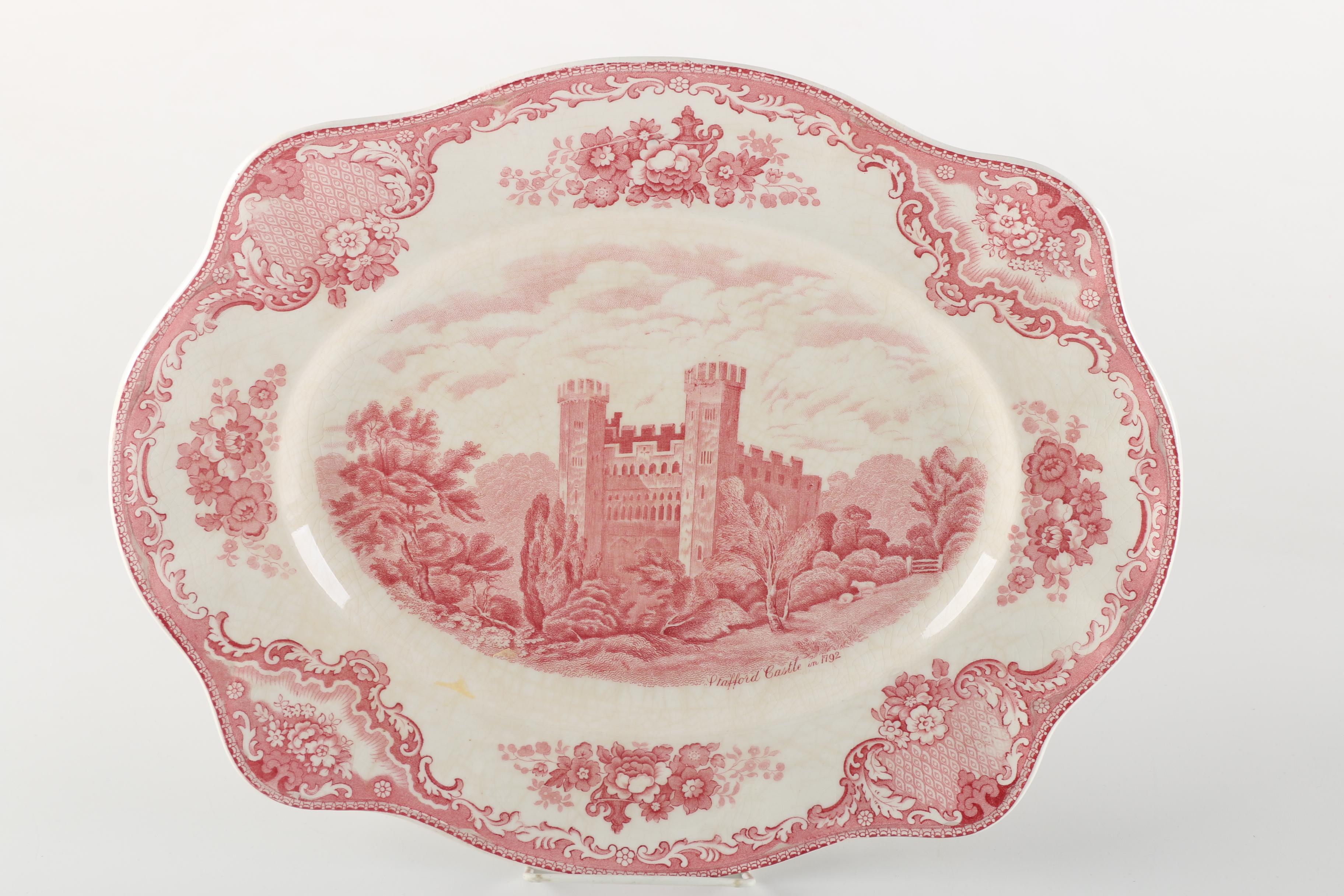 Johnson Brothers "Old Britain Castles" Red Transfer Printed Platters and Sucre
