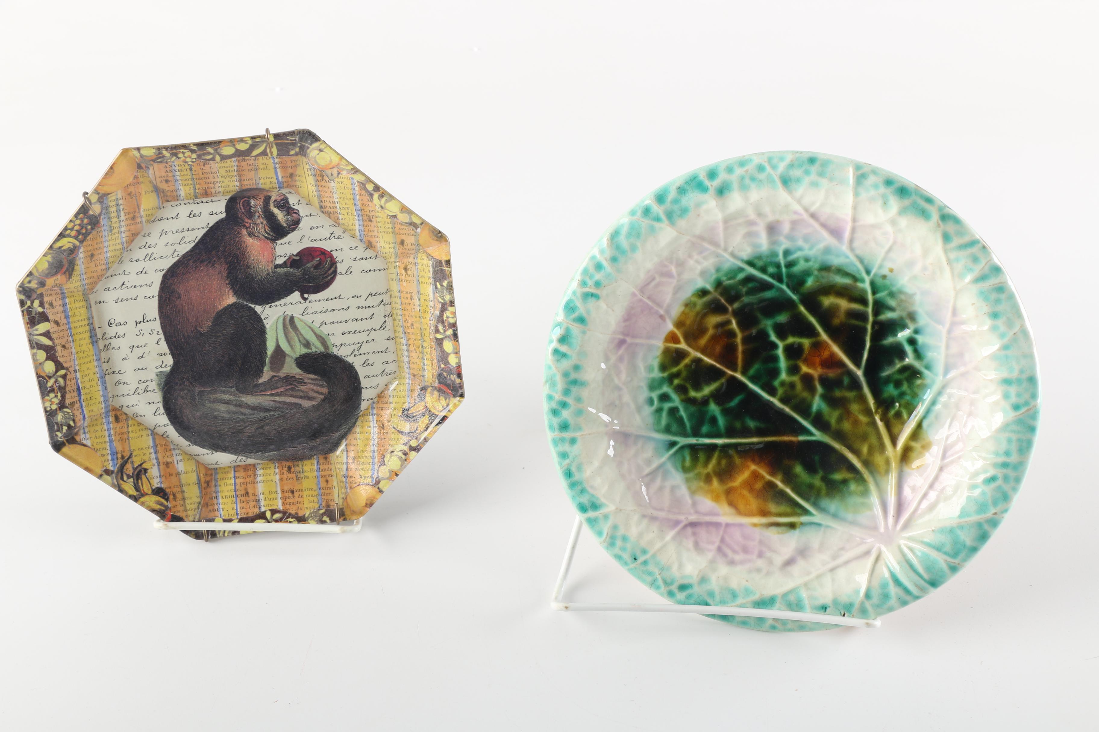 Signed John Derian Plates with Late 19th Century Victorian Majolica Plate