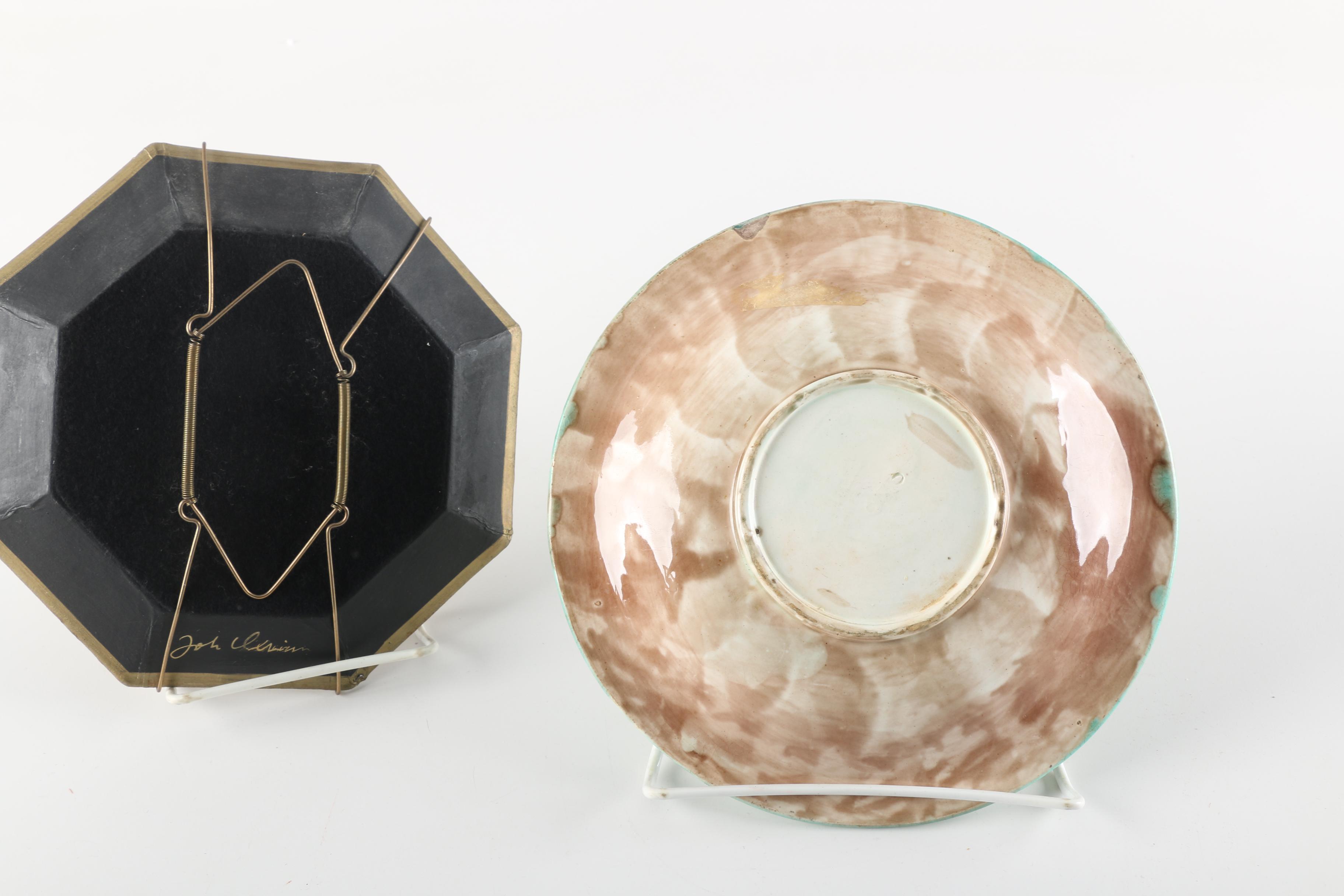 Signed John Derian Plates with Late 19th Century Victorian Majolica Plate