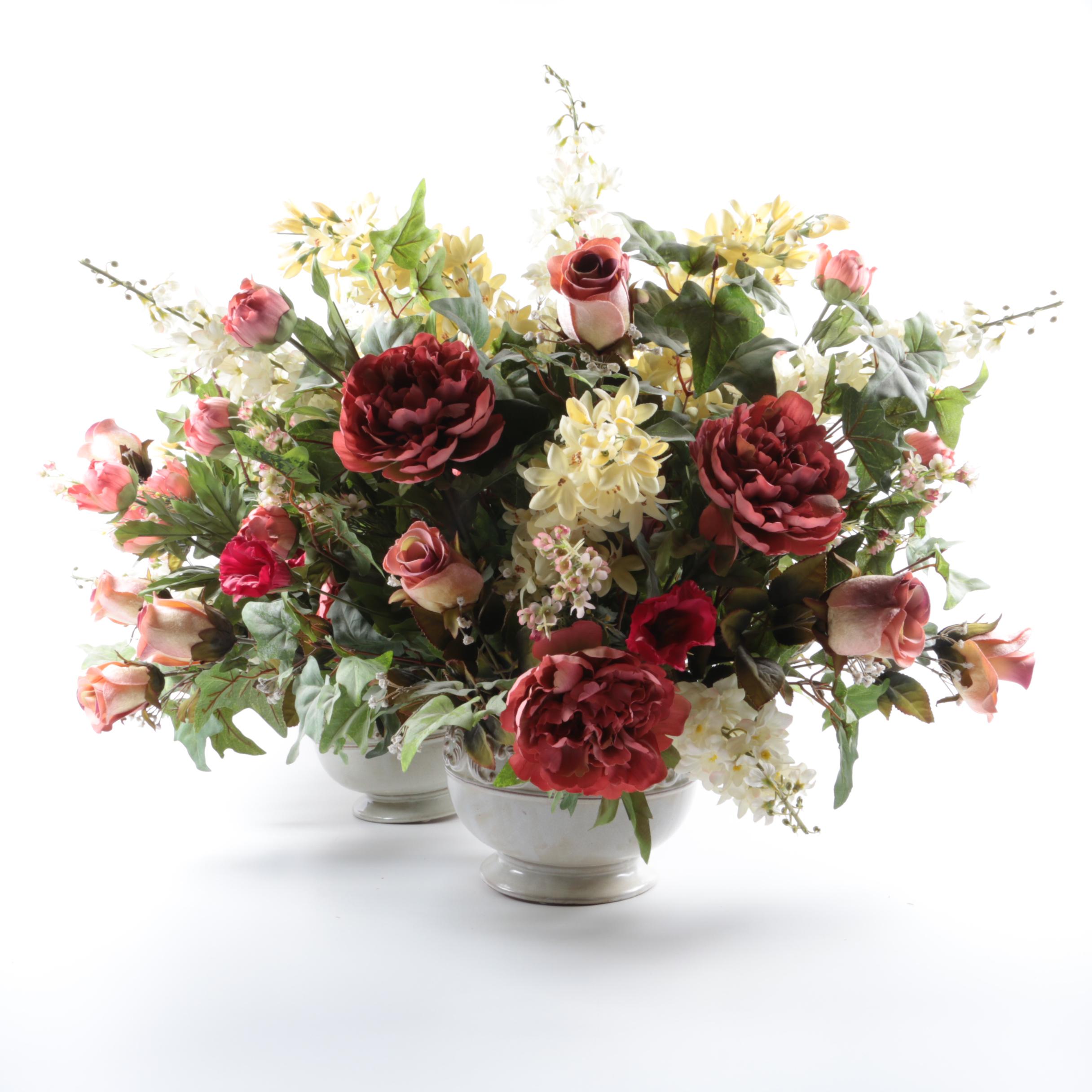 Pair of Faux Floral Arrangements in Ceramic Vases