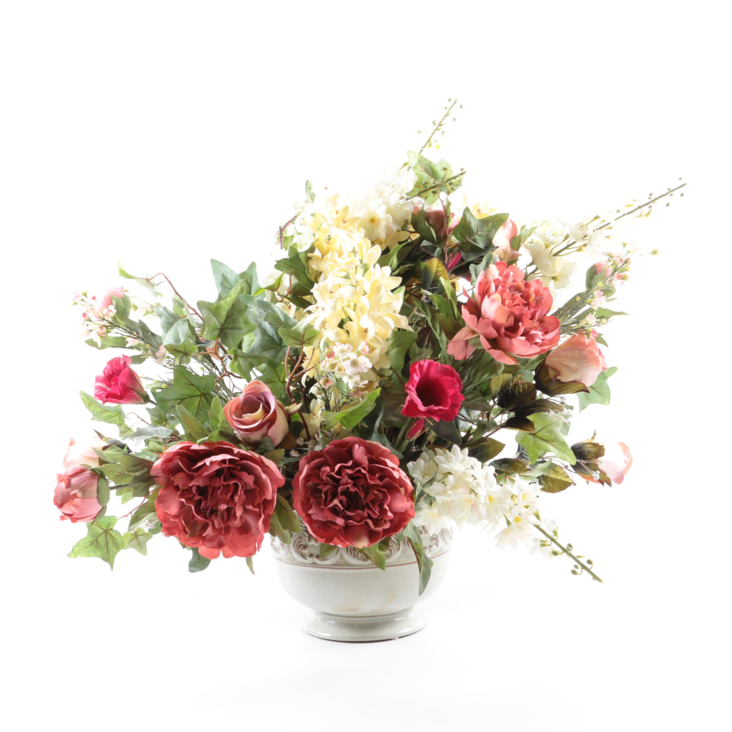 Pair of Faux Floral Arrangements in Ceramic Vases