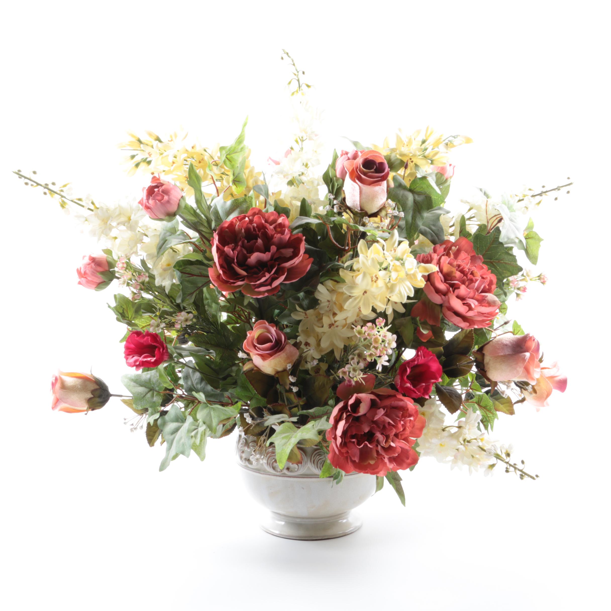 Pair of Faux Floral Arrangements in Ceramic Vases