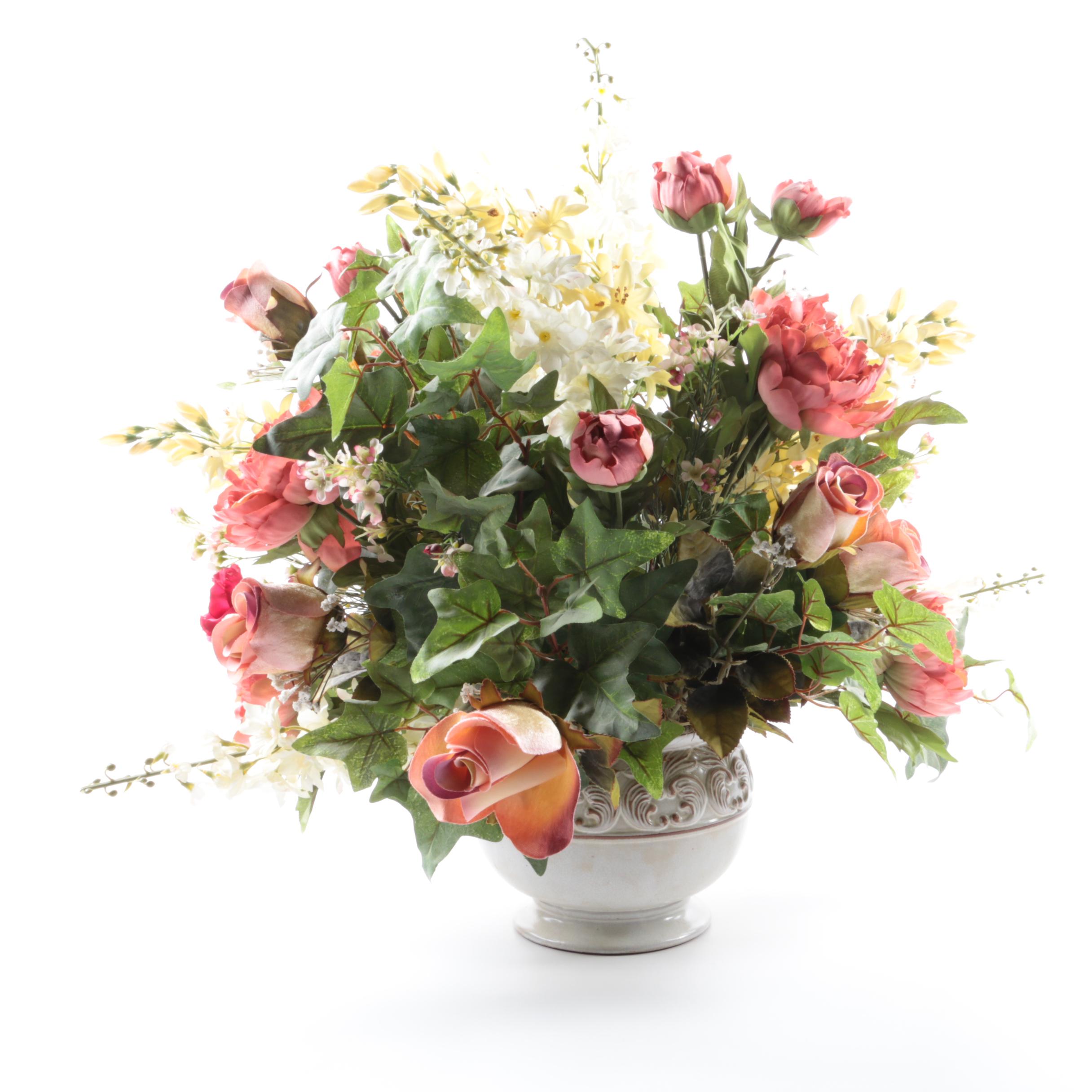 Pair of Faux Floral Arrangements in Ceramic Vases